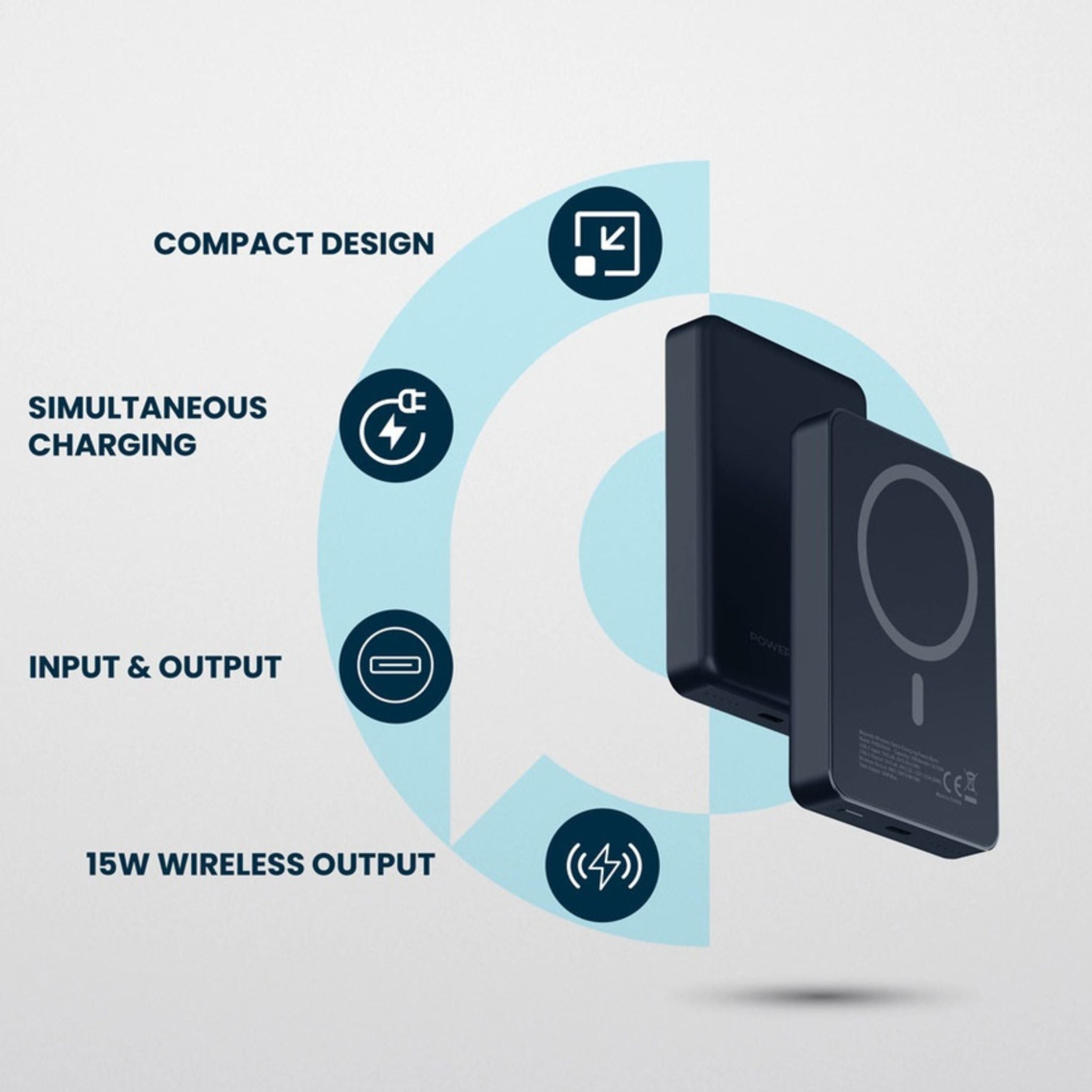 Powerology 10000mAh MagSafe Aluminum Power Bank with Battery Level Indicator, Lightweight & Compact Design, Fast & Simultaneous Charging, Type-C Input & Output, 15W Wireless Output - Dark Gray