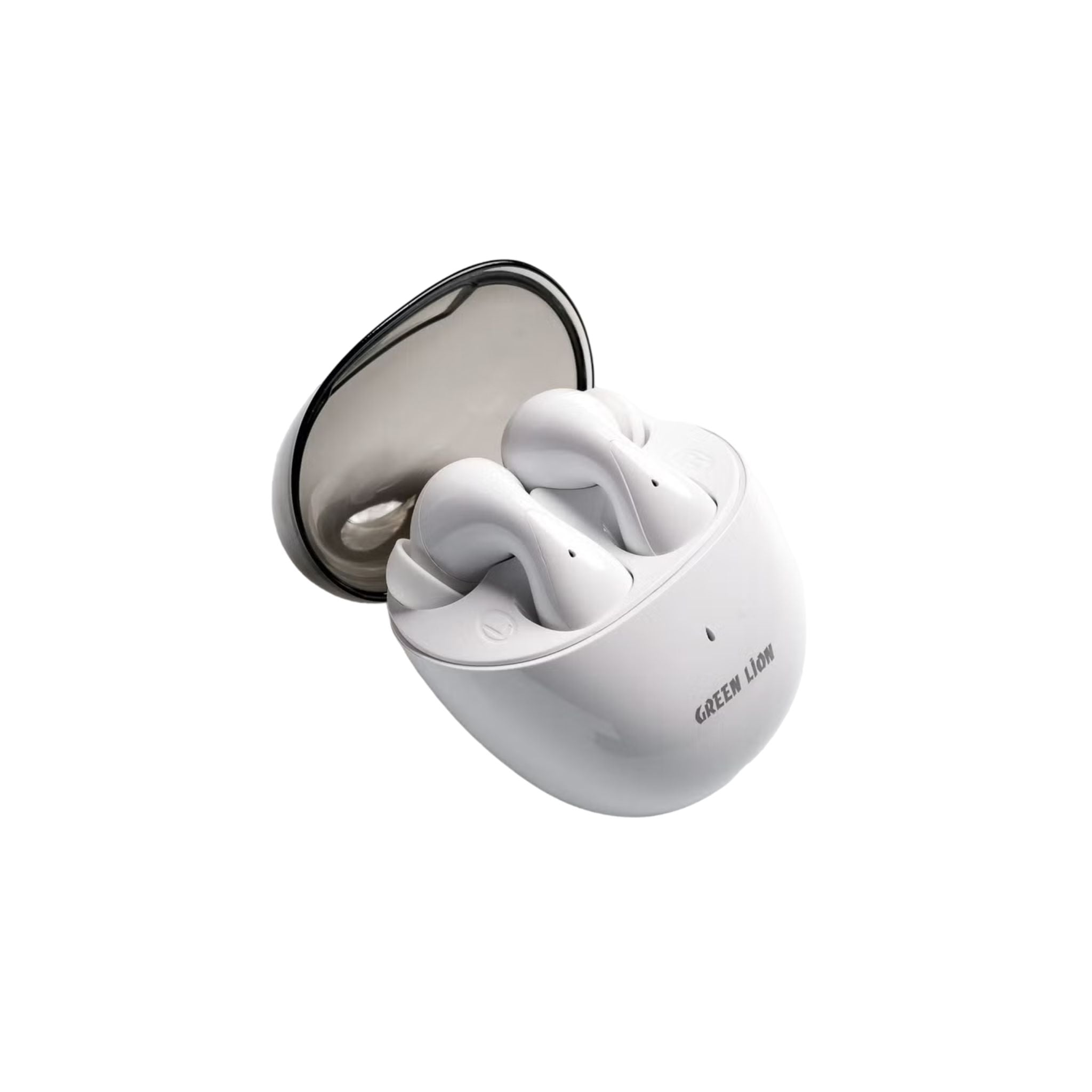 White Green Lion Athens Wireless Earbuds in an open charging case.
