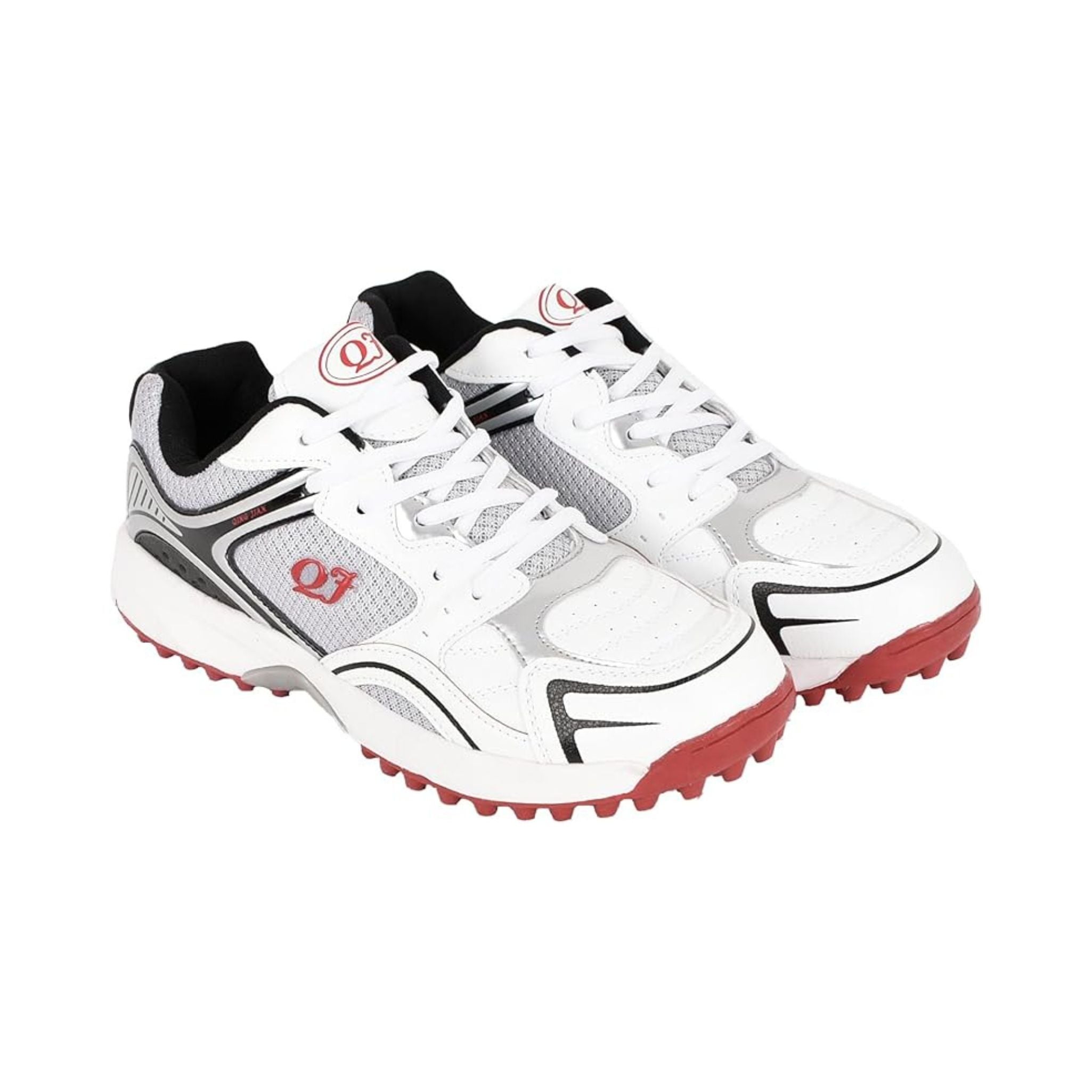 Men’s White and Red Studded Cricket Sports Shoes – Breathable Mesh, Lace-Up Comfort, and All-Day Performance