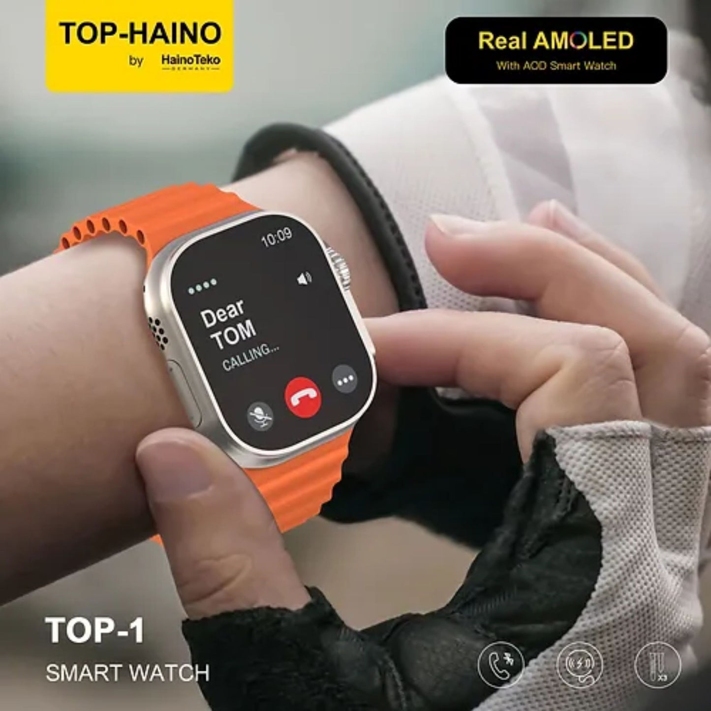Premium Haino Teko Germany TOP 1 Full Screen Real AMOLED Display_ 3 Pair Straps_Wireless Charger_For Ladies and Gents_Orange