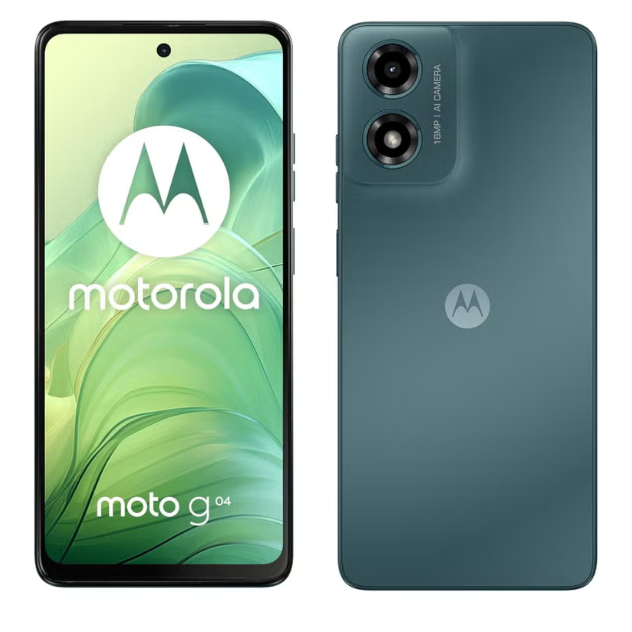 Motorola G04 smartphone in sea green color, showing the front with the display on and the rear with the camera setup.