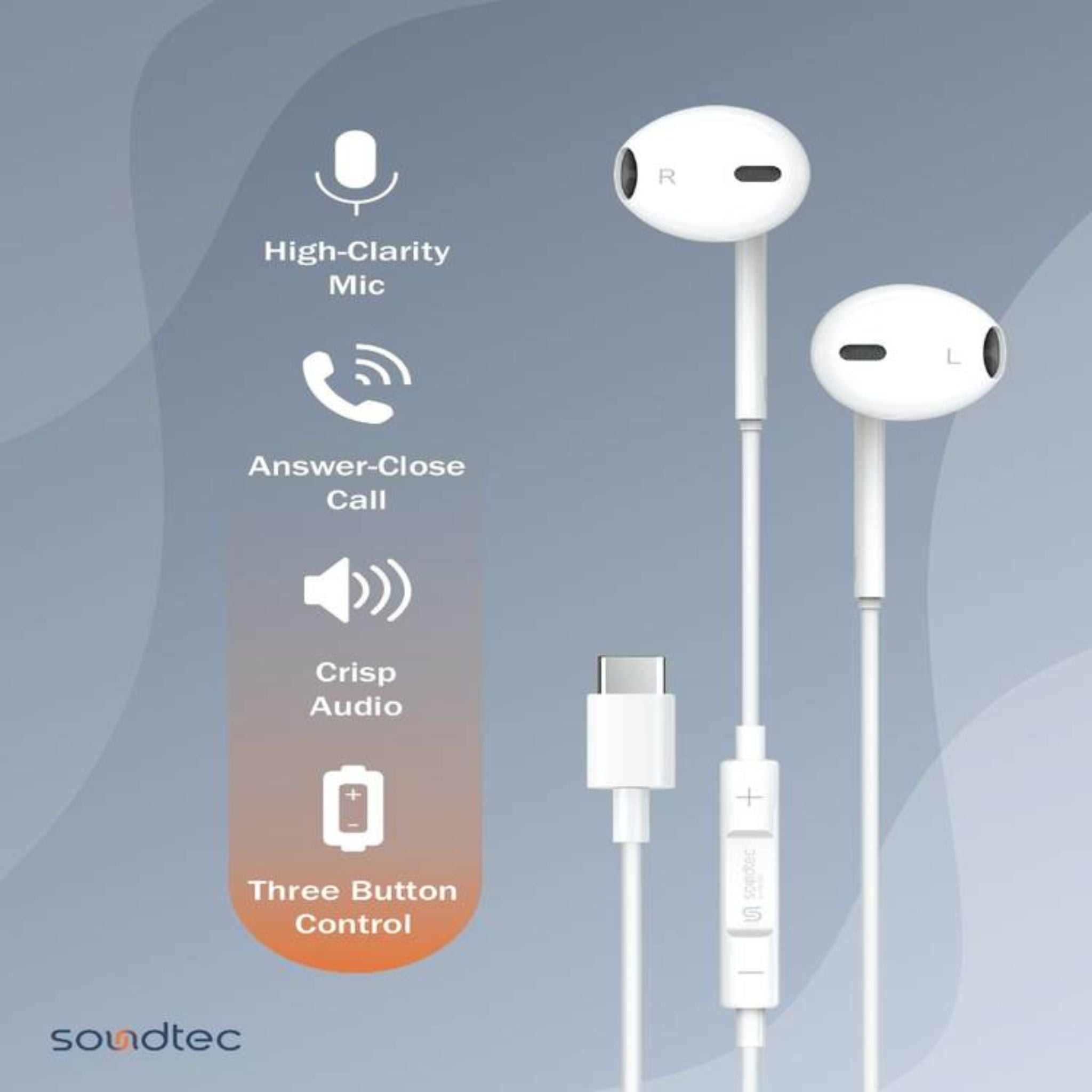 Porodo Soundtec Stereo Earphones with Type-C Connector, High-Clarify Microphone, ABS Material, 120 cm Tangle Free Cable - White