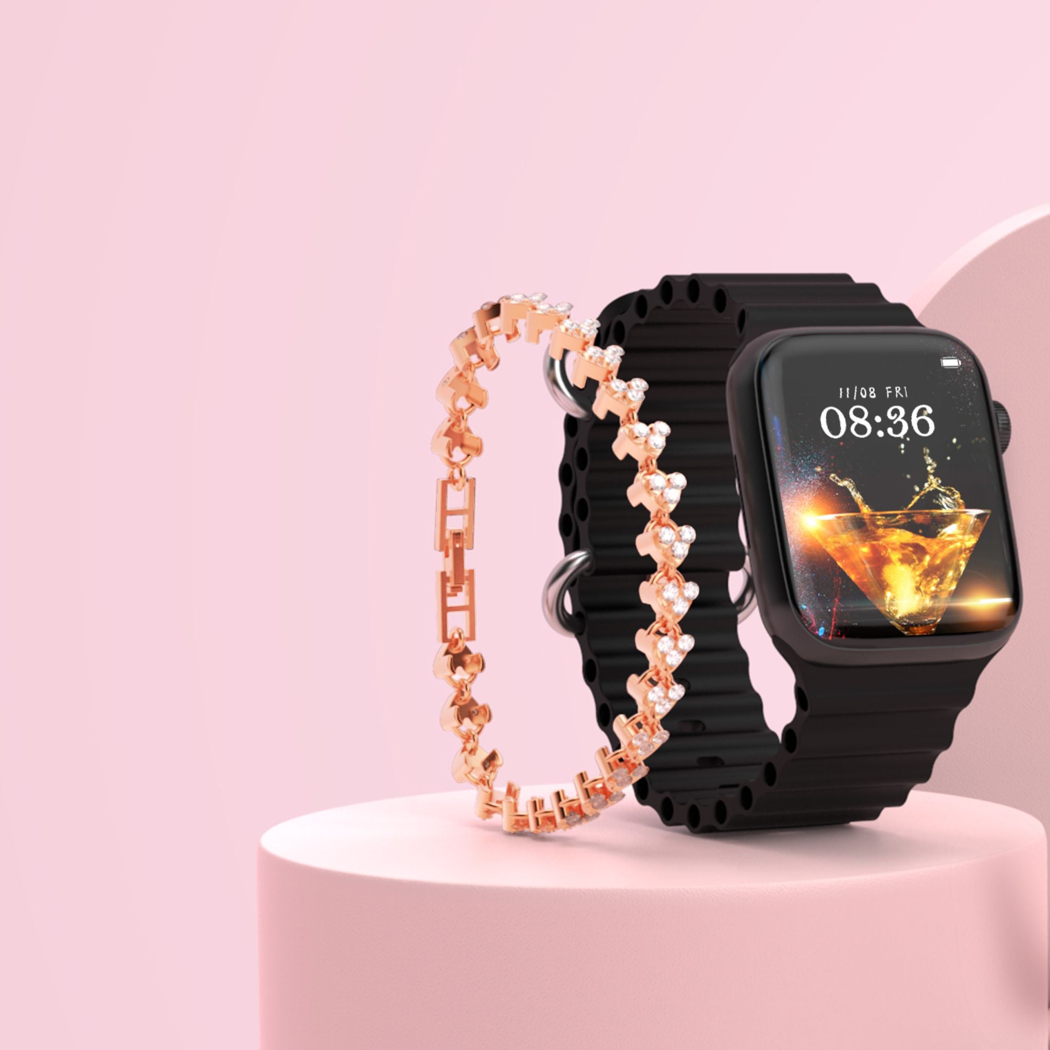 Telzeal Ultra Mini 42 mm Smart Watch and Fashion Bracelet With 3 Pair Straps Wireless Charger For Ladies and Girls - Black