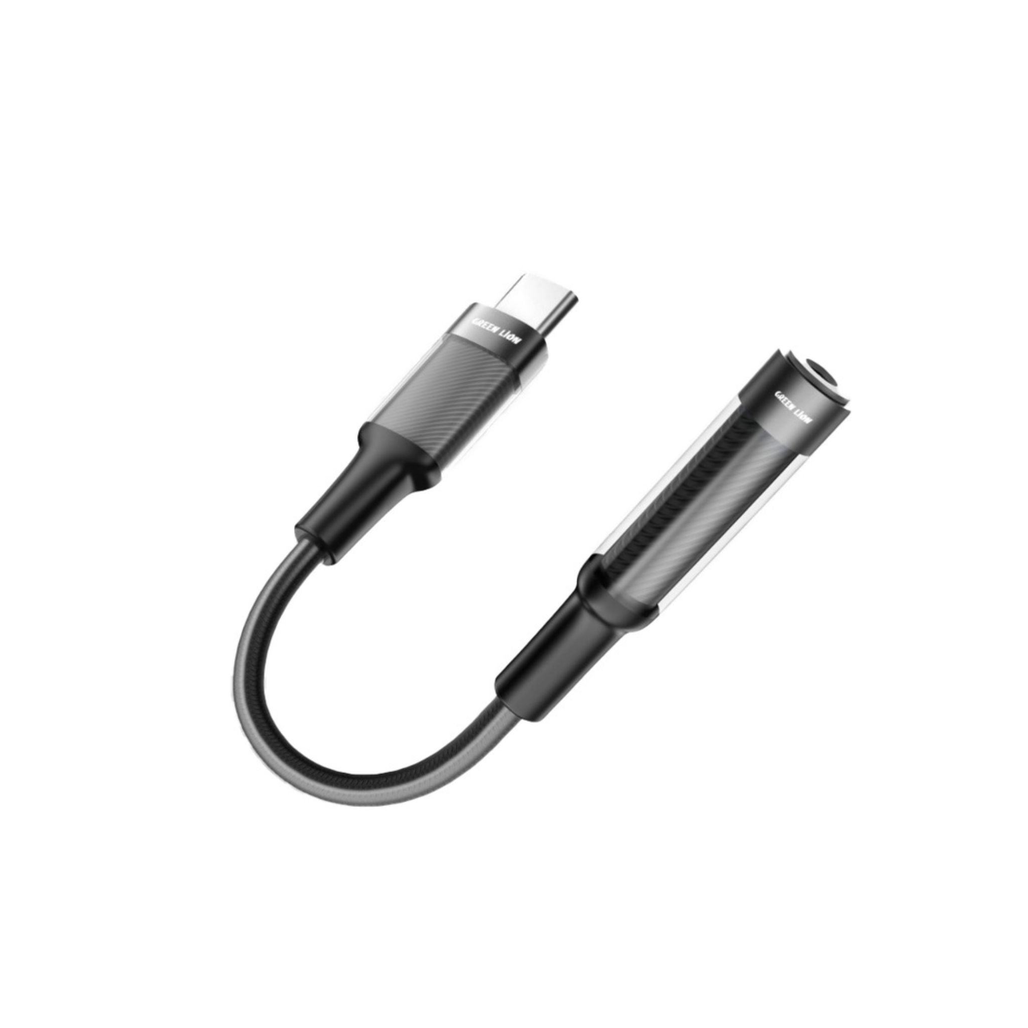 A black Green Lion brand USB-C to 3.5mm audio jack earphone adapter with a braided cable.