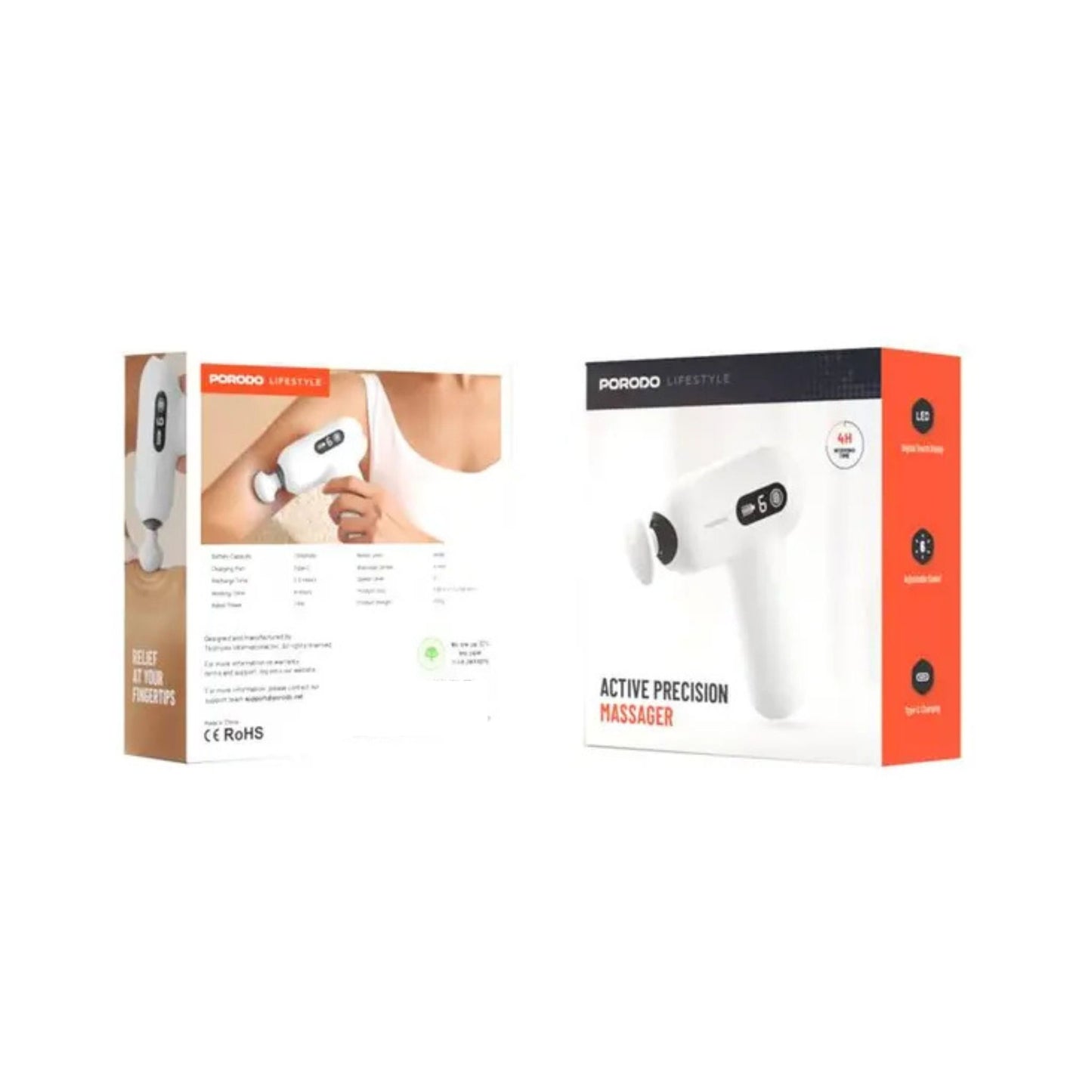 Porodo Lifestyle Active Precision Massager, Portable & Lightweight, Digital Touch Display, 6 Adjustable Speed, Low Noise Design, 4 Hours Working Time, 6mm Massage Stroke - White