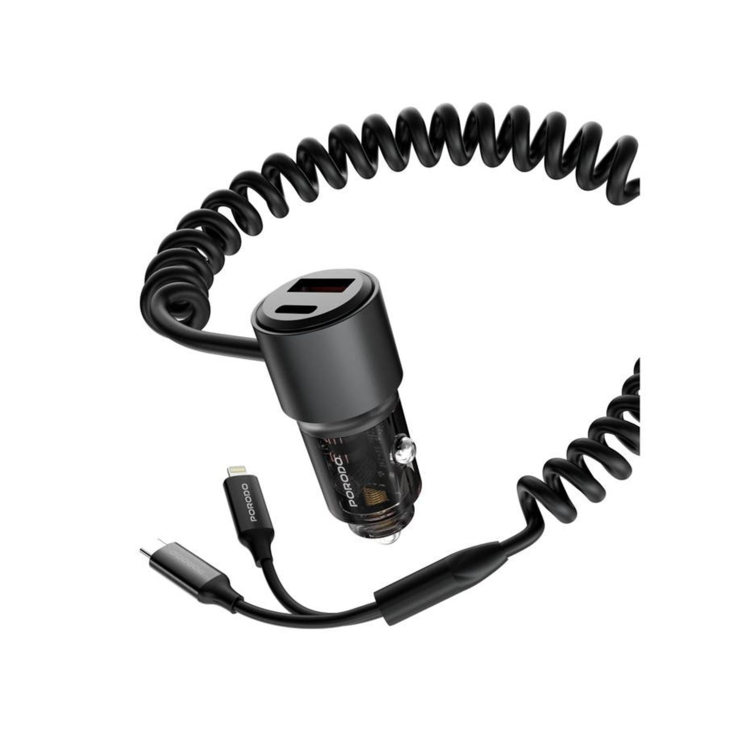Porodo 95W Transparent USB-A+C Port Car Charger with Integrated USB-C Cable and Lightning Coiled Cable - Black