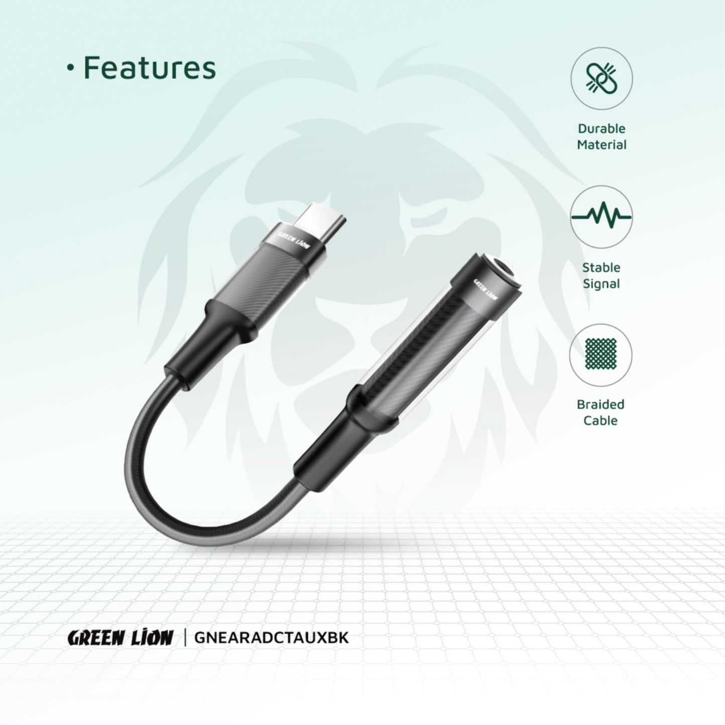 Green Lion Earphone Adapter USB-C to 3.5 Aux 12CM - Black