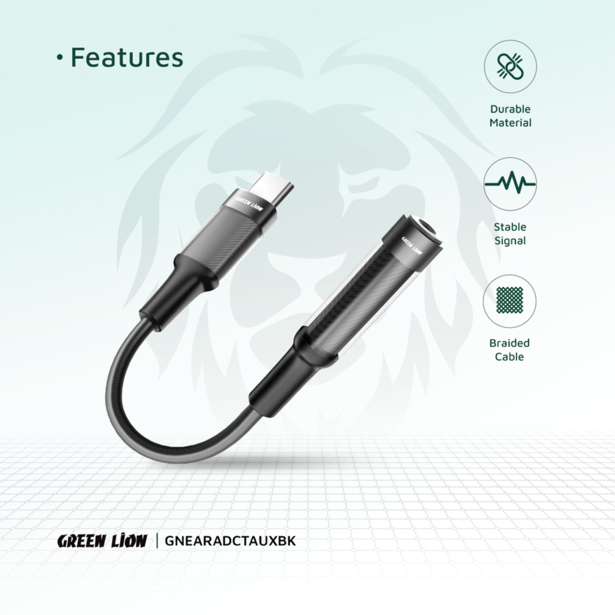 Green Lion Earphone Adapter with USB-C to 3.5mm Audio Jack Connector, 12cm Cable Length, Music Play & Call Function, More than 10,000 Bends Lifespan - Black