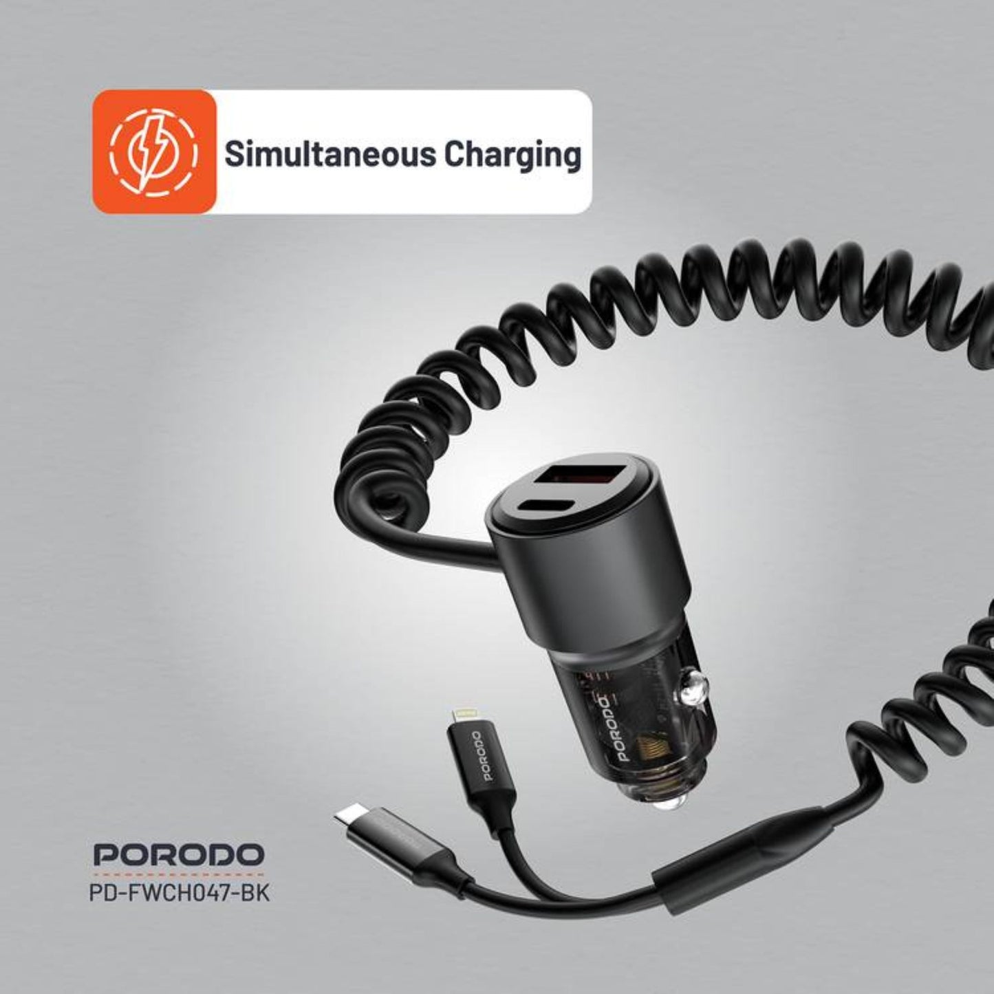 Porodo 95W Transparent USB-A+C Port Car Charger with Integrated USB-C Cable and Lightning Coiled Cable - Black