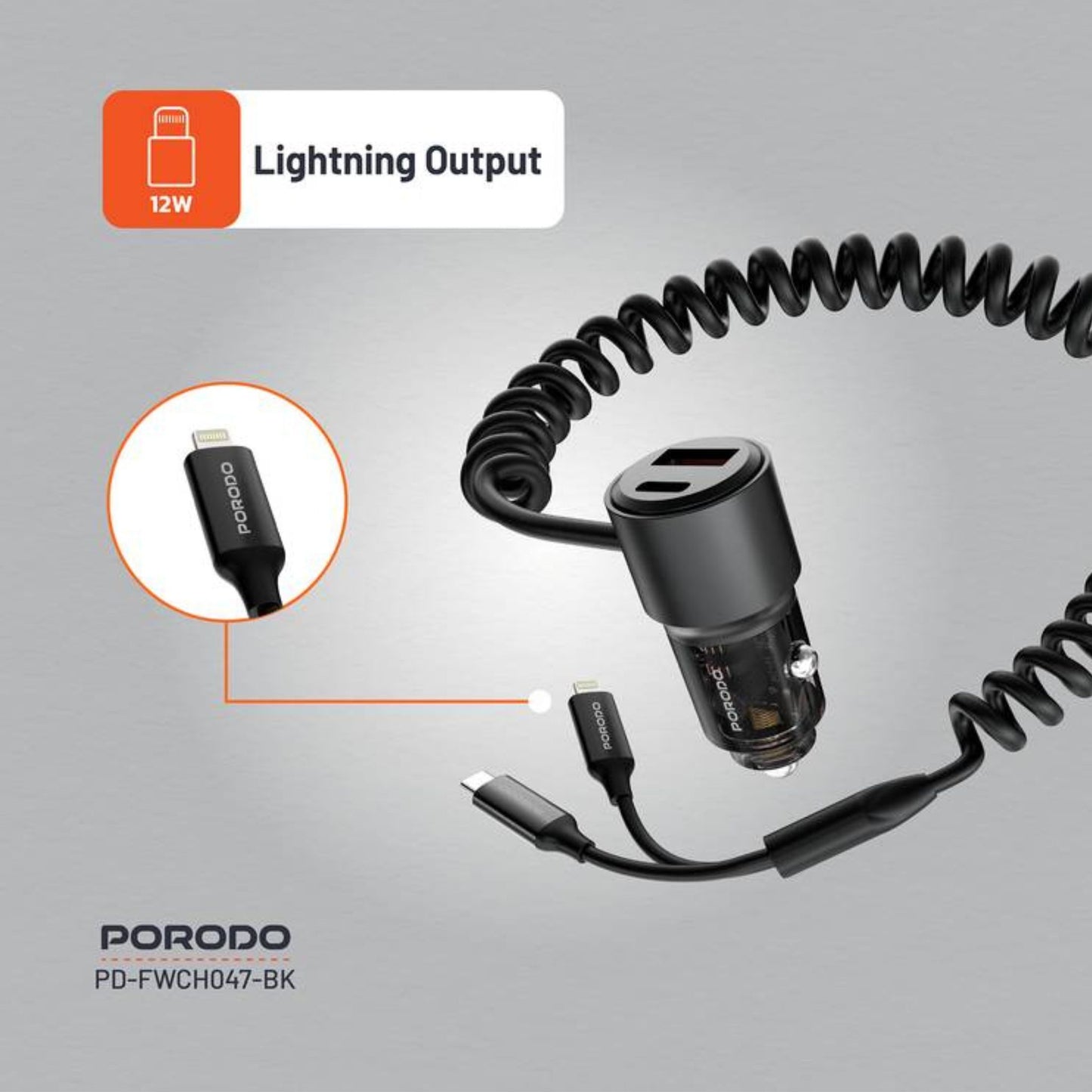 Porodo 95W Transparent USB-A+C Port Car Charger with Integrated USB-C Cable and Lightning Coiled Cable - Black