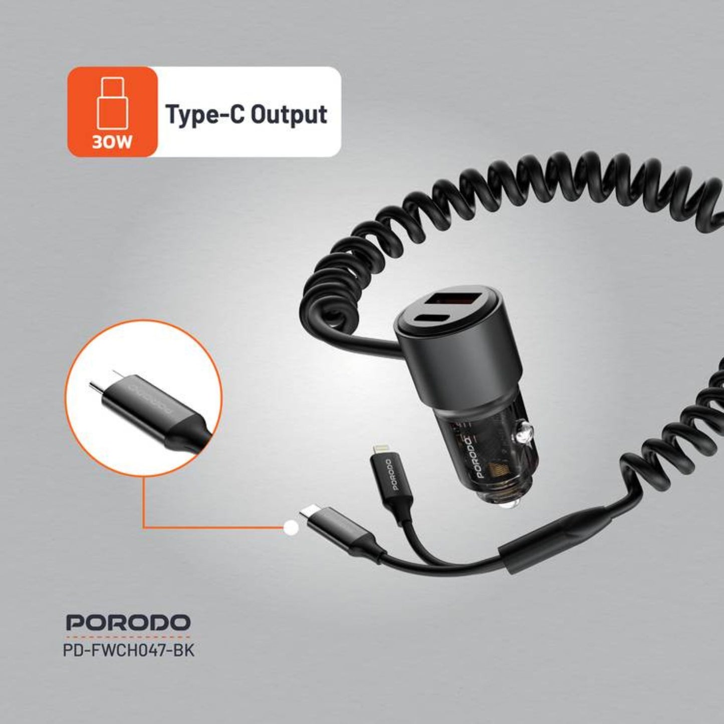 Porodo 95W Transparent USB-A+C Port Car Charger with Integrated USB-C Cable and Lightning Coiled Cable - Black
