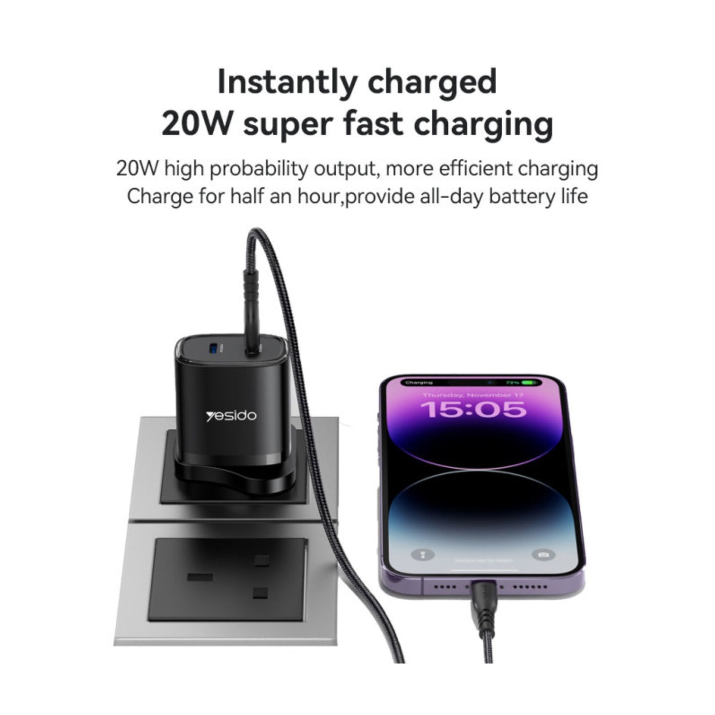 YC55 Yesido Dual Interface PD 20W Fast Charging Safe And Fast UK Triangle Charger Adapter With C To C Cable