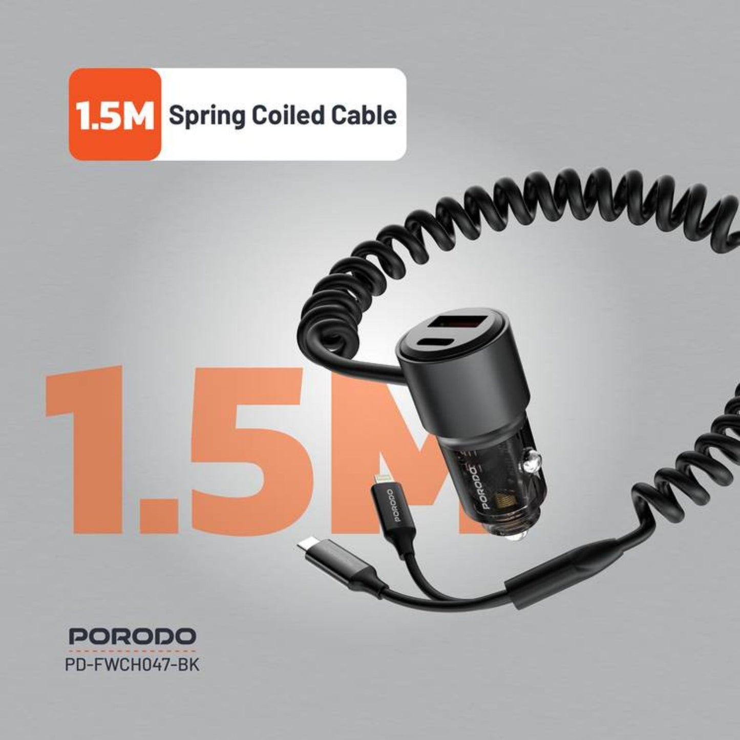Porodo 95W Transparent USB-A+C Port Car Charger with Integrated USB-C Cable and Lightning Coiled Cable - Black