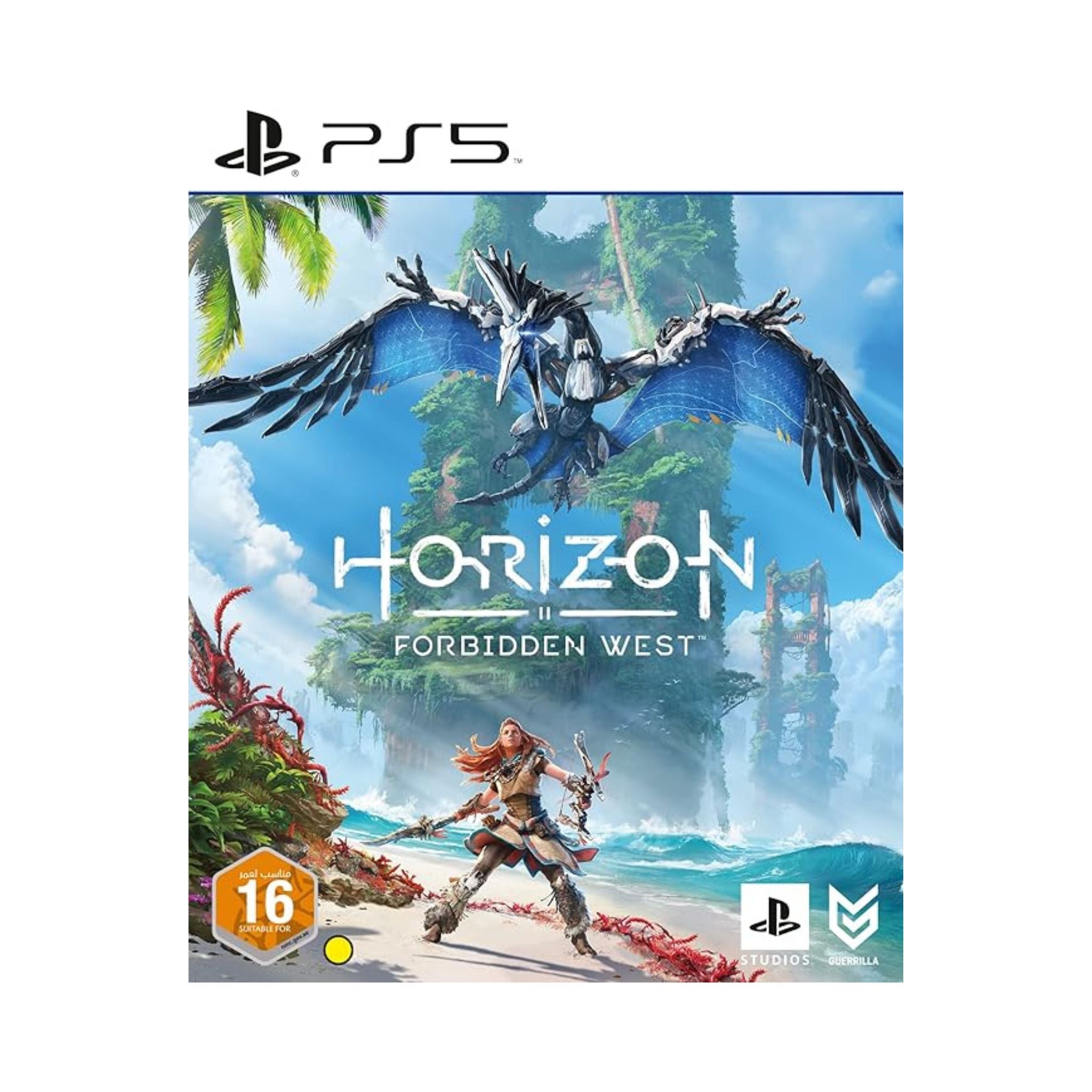 Game cover for 'Horizon Forbidden West' with PS5 logo on a white background