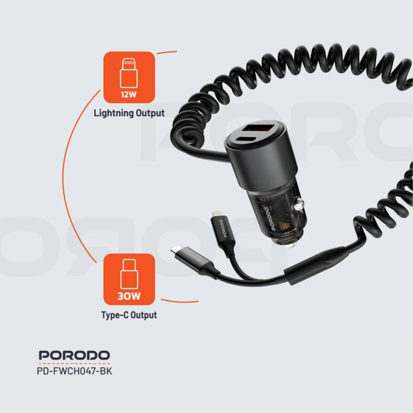 Porodo 95W Transparent USB-A+C Port Car Charger with Integrated USB-C Cable and Lightning Coiled Cable - Black