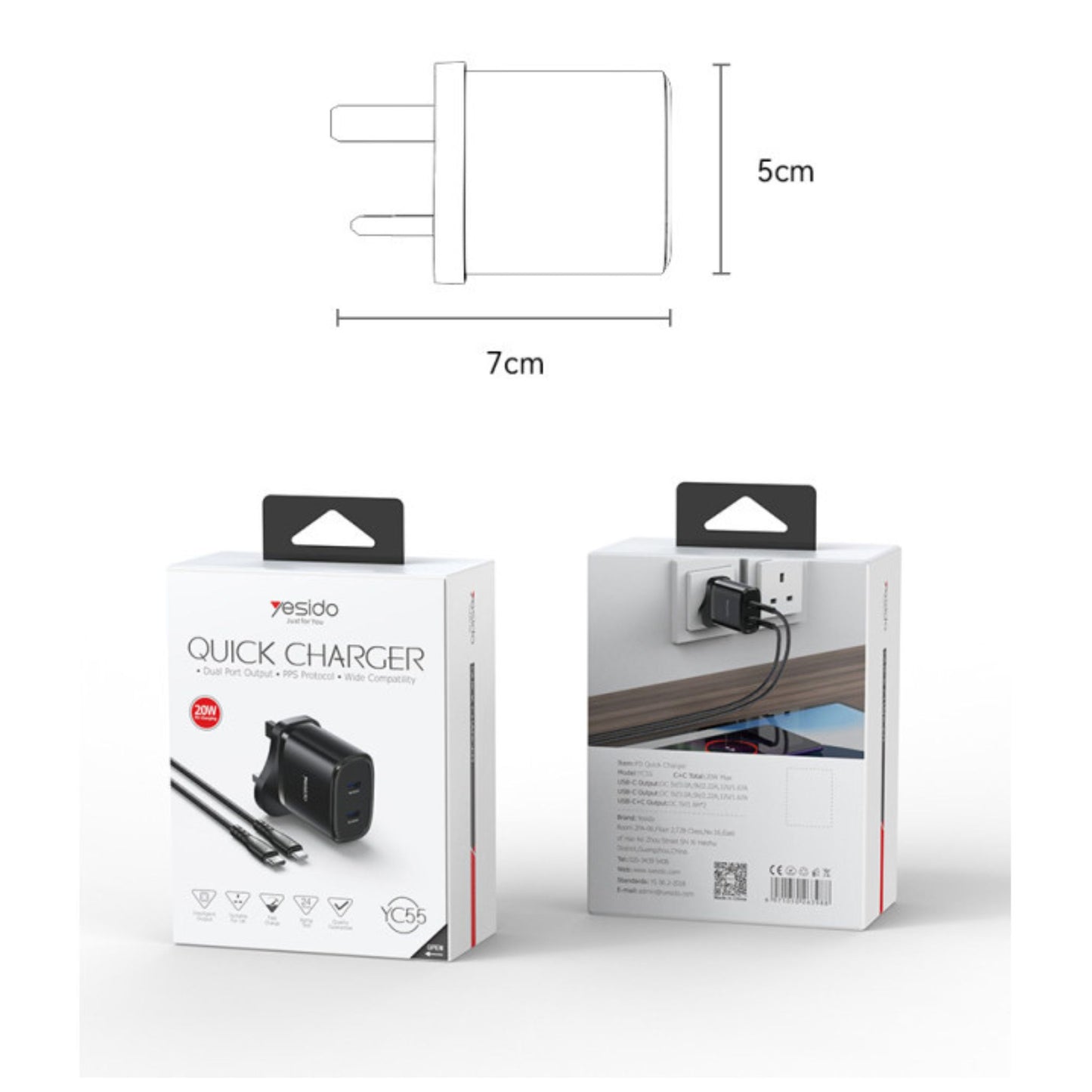 YC55 Yesido Dual Interface PD 20W Fast Charging Safe And Fast UK Triangle Charger Adapter With C To C Cable