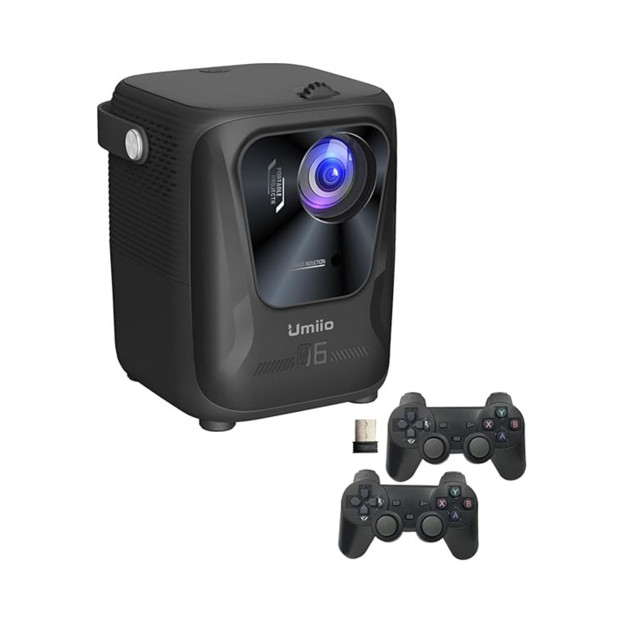 Black portable projector with two controllers on a white background