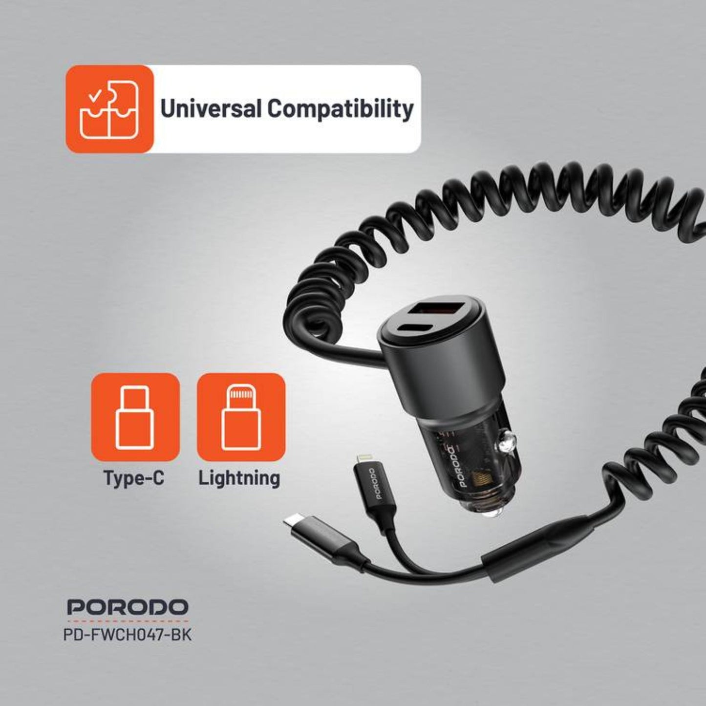 Porodo 95W Transparent USB-A+C Port Car Charger with Integrated USB-C Cable and Lightning Coiled Cable - Black