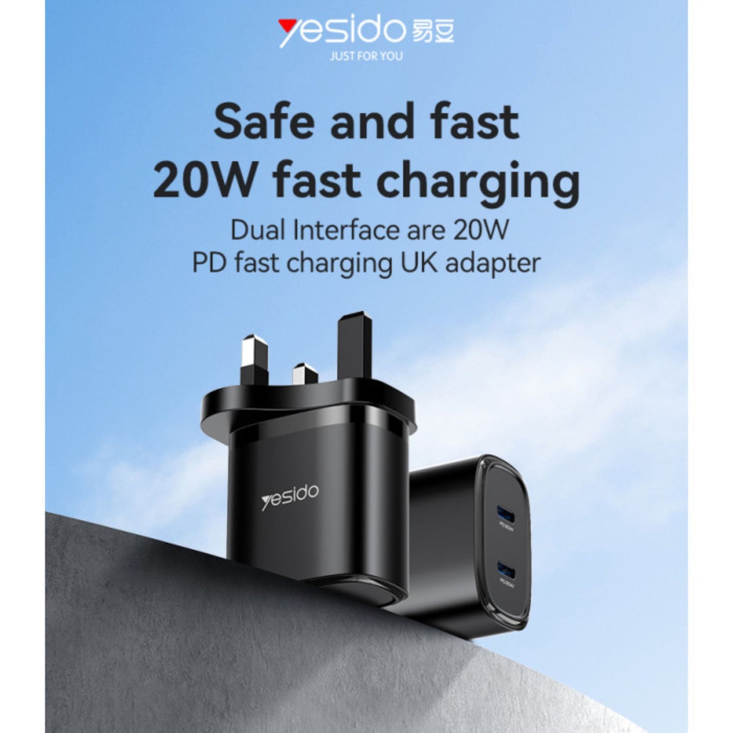 YC55 Yesido Dual Interface PD 20W Fast Charging Safe And Fast UK Triangle Charger Adapter With C To C Cable