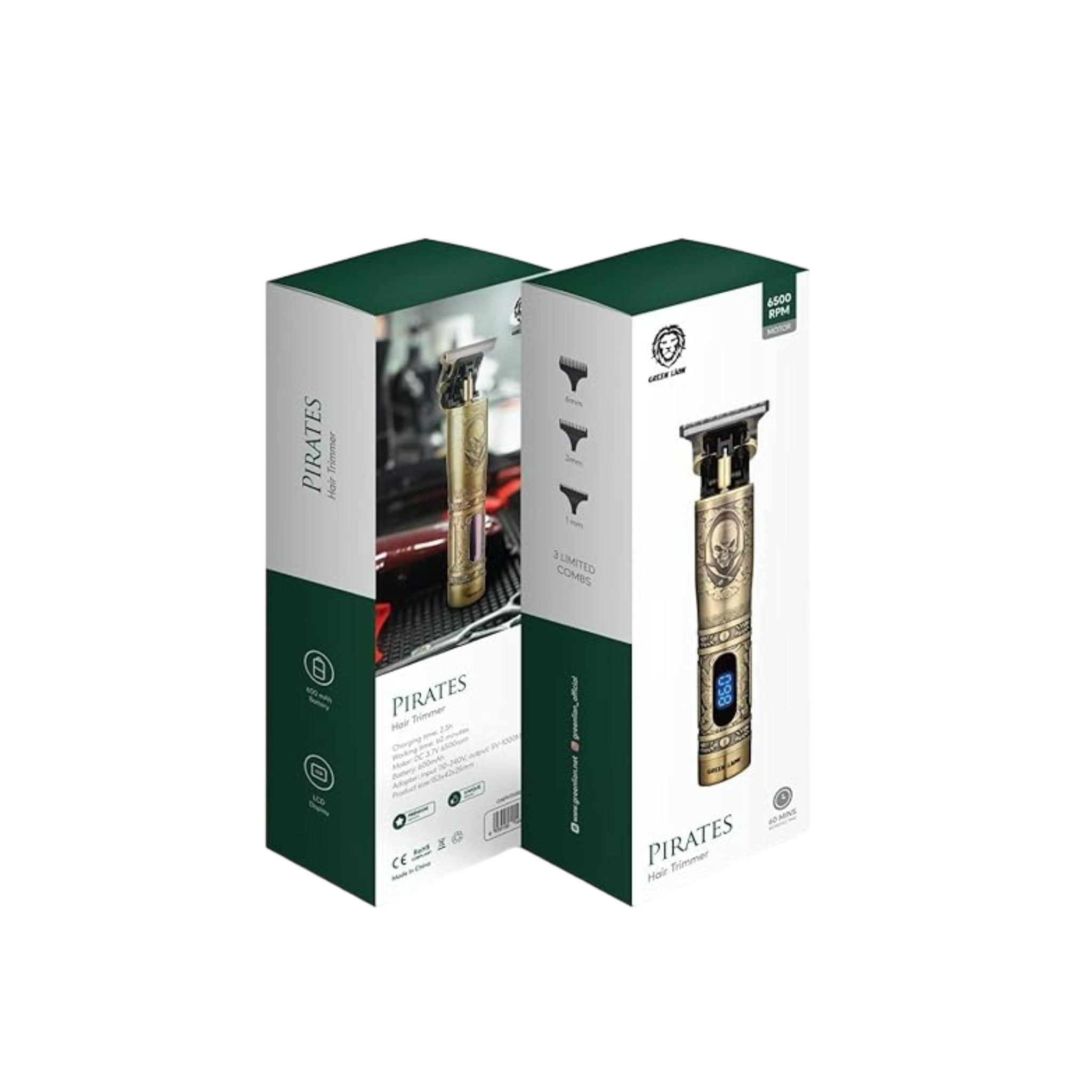 Green Lion Pirates Hair Trimmer with 3 Clippers 600mAh, 6500RPM, LCD Display, 60minutes Working Time, Type-C Charging, Metal Body, Lightweight & Portable - Gold