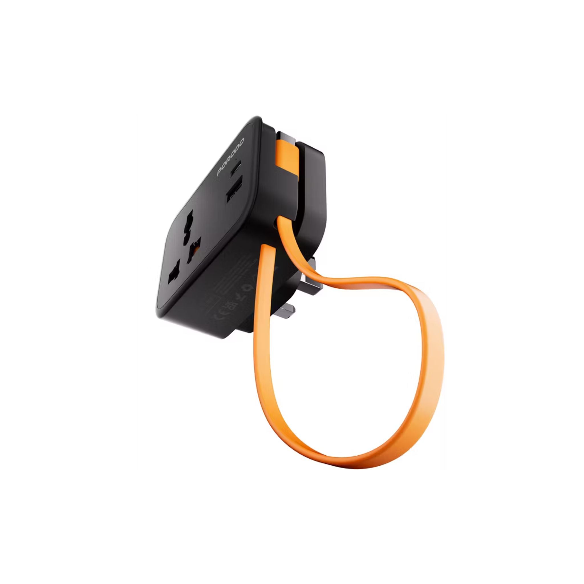 Porodo Universal Wall Socket with 30cm Built-in USB-C Cable, Simultaneous Charging, 20W PD, 18W QC, Fireproof Material, Fuse Protection, UK 3-Pin Plug - Black