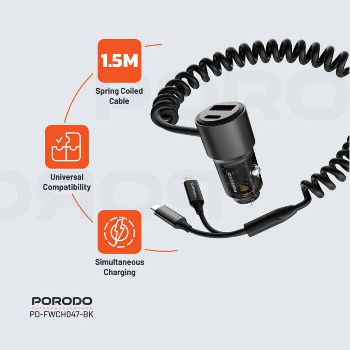 Porodo 95W Transparent USB-A+C Port Car Charger with Integrated USB-C Cable and Lightning Coiled Cable - Black