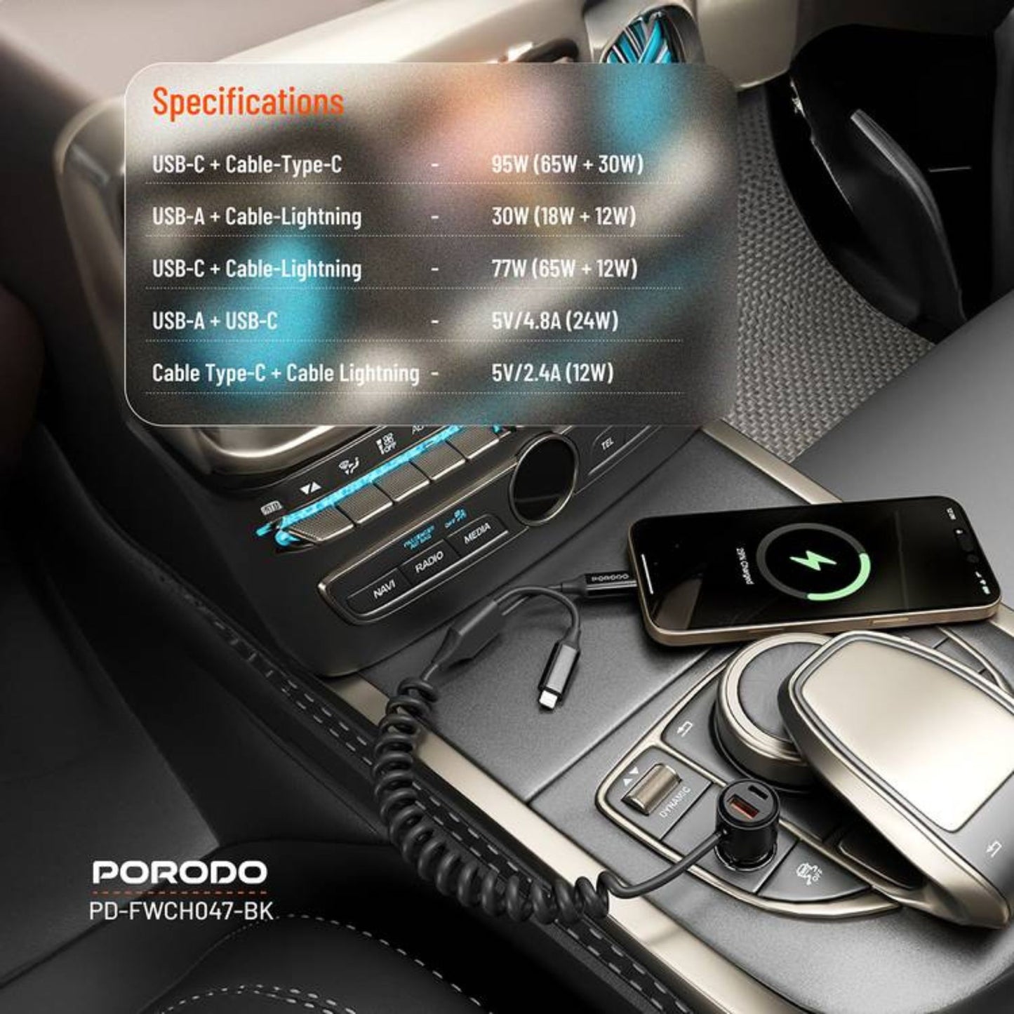 Porodo 95W Transparent USB-A+C Port Car Charger with Integrated USB-C Cable and Lightning Coiled Cable - Black