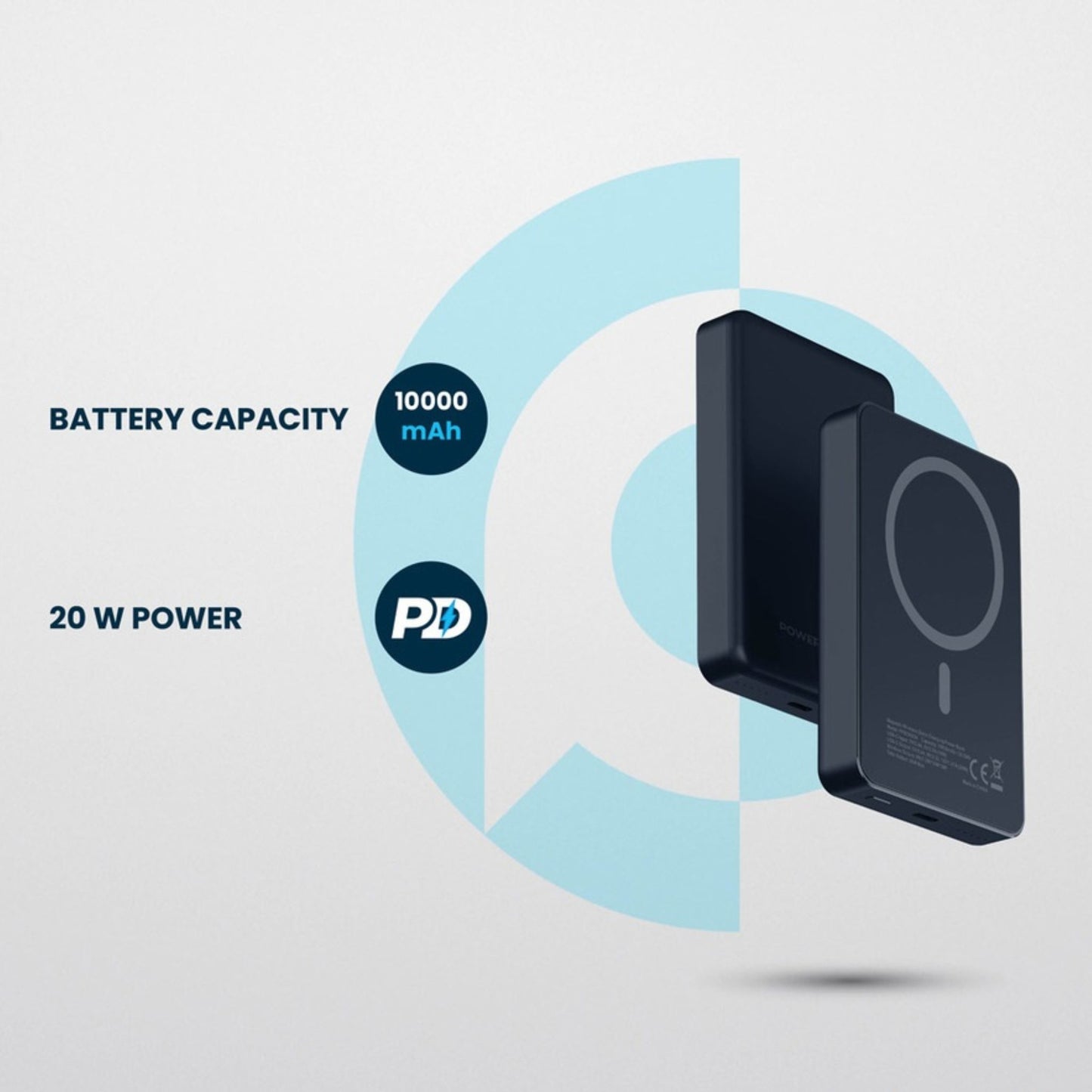 POWEROLOGY 10000mAh MagSafe Aluminum Power Bank with Battery Level Indicator, Lightweight & Compact Design, Fast & Simultaneous Charging, Type-C Input & Output, 15W Wireless Output - Dark Gray