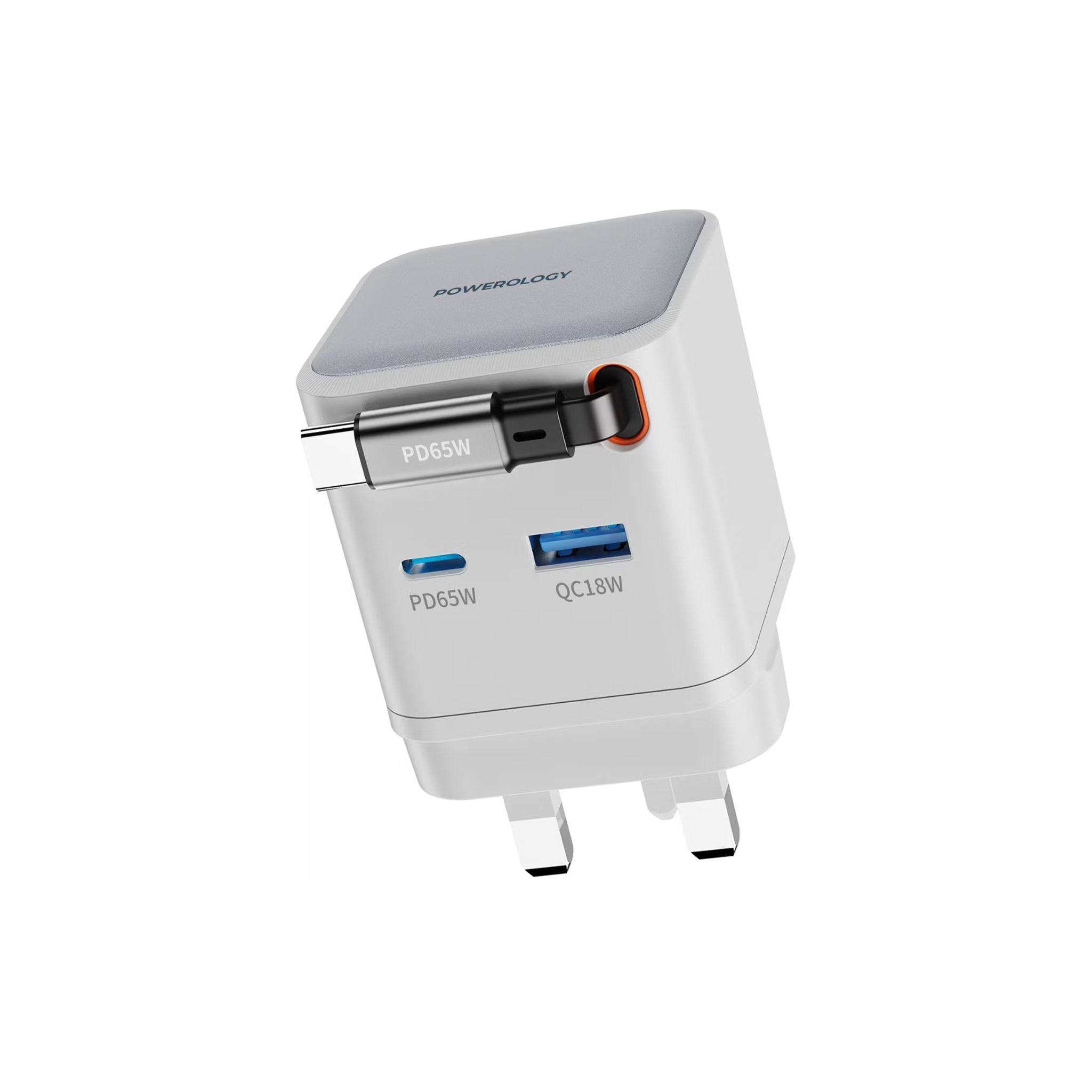 White power adapter with multiple ports on a white background