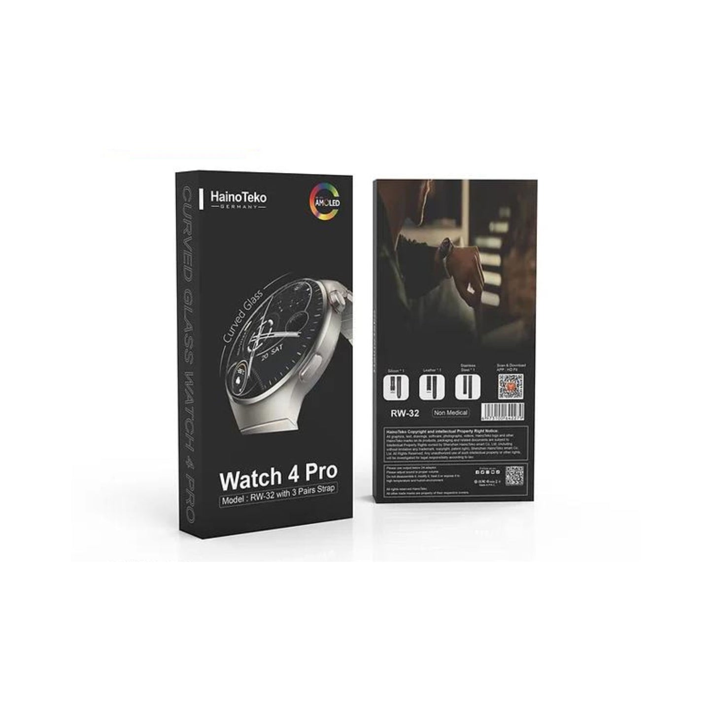Haino Teko RW-32 Smart Watch_AMOLED_Carved Glass Display-Silicone + Stainless Steel 3 Strap,Bluetooth_Silver