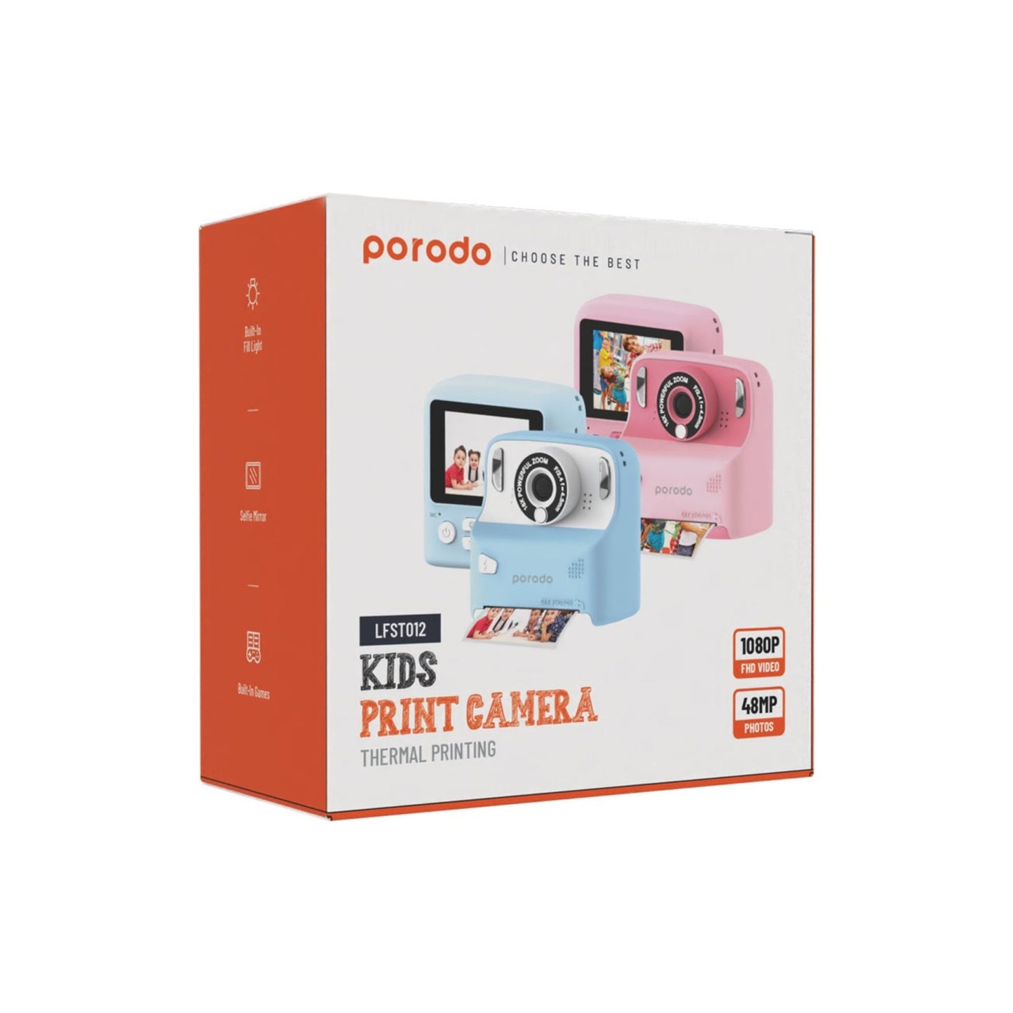 Porodo Lifestyle Kids 10000mAh Print Camera with 320 x 240 Screen Resolution, Type-C Charging Port, 2.4" Wide Screen, Built-in Games, 12MP Image Resolution, Built-in Fill Light - Pink