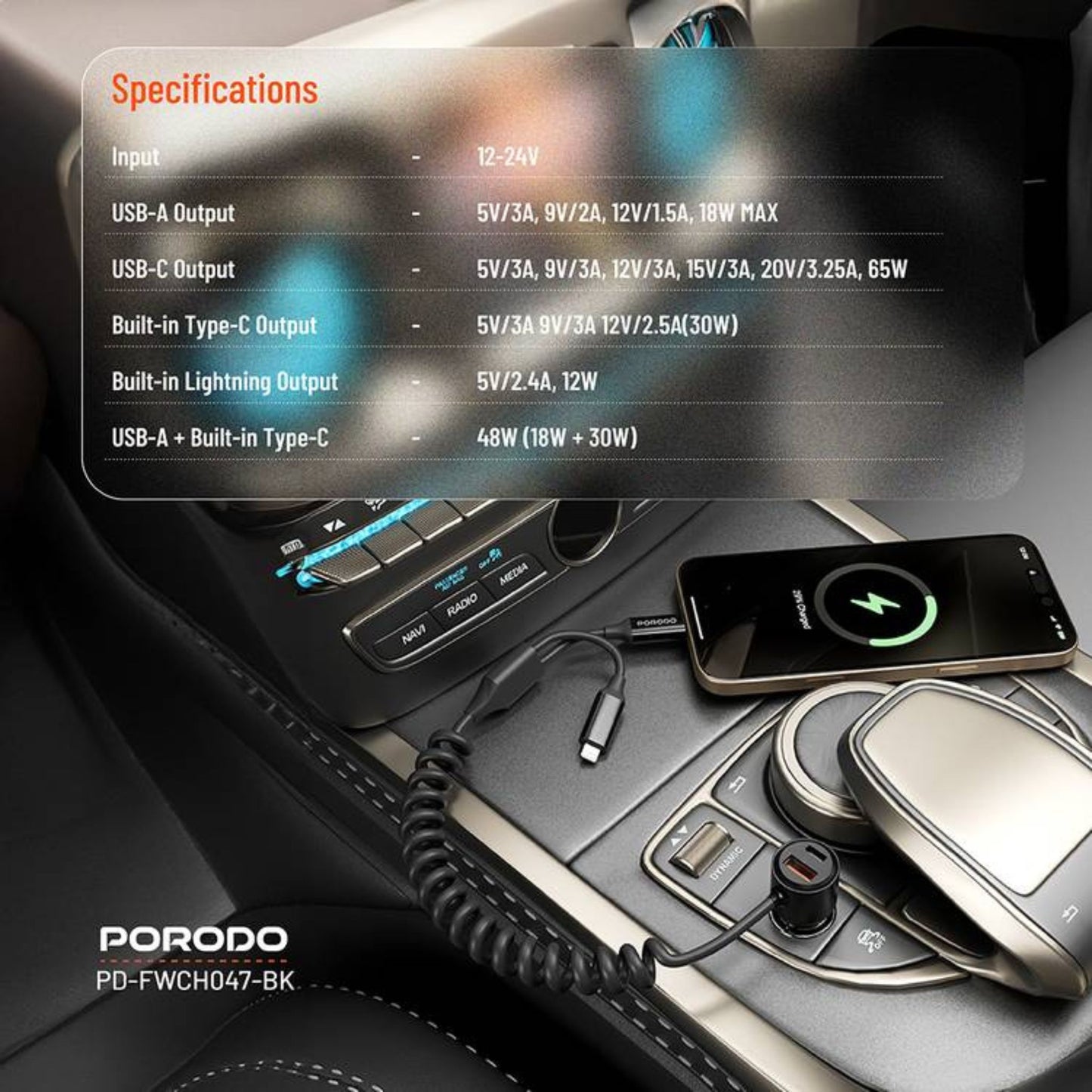Porodo 95W Transparent USB-A+C Port Car Charger with Integrated USB-C Cable and Lightning Coiled Cable - Black