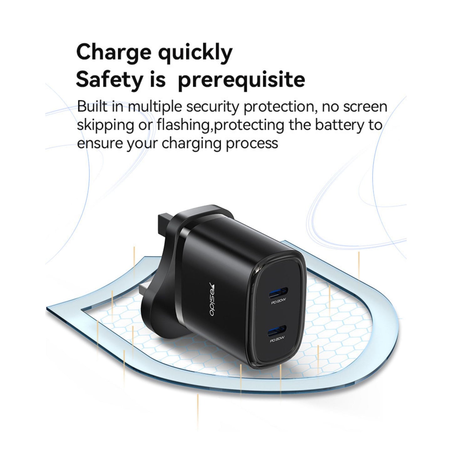 YC55 Yesido Dual Interface PD 20W Fast Charging Safe And Fast UK Triangle Charger Adapter With C To C Cable