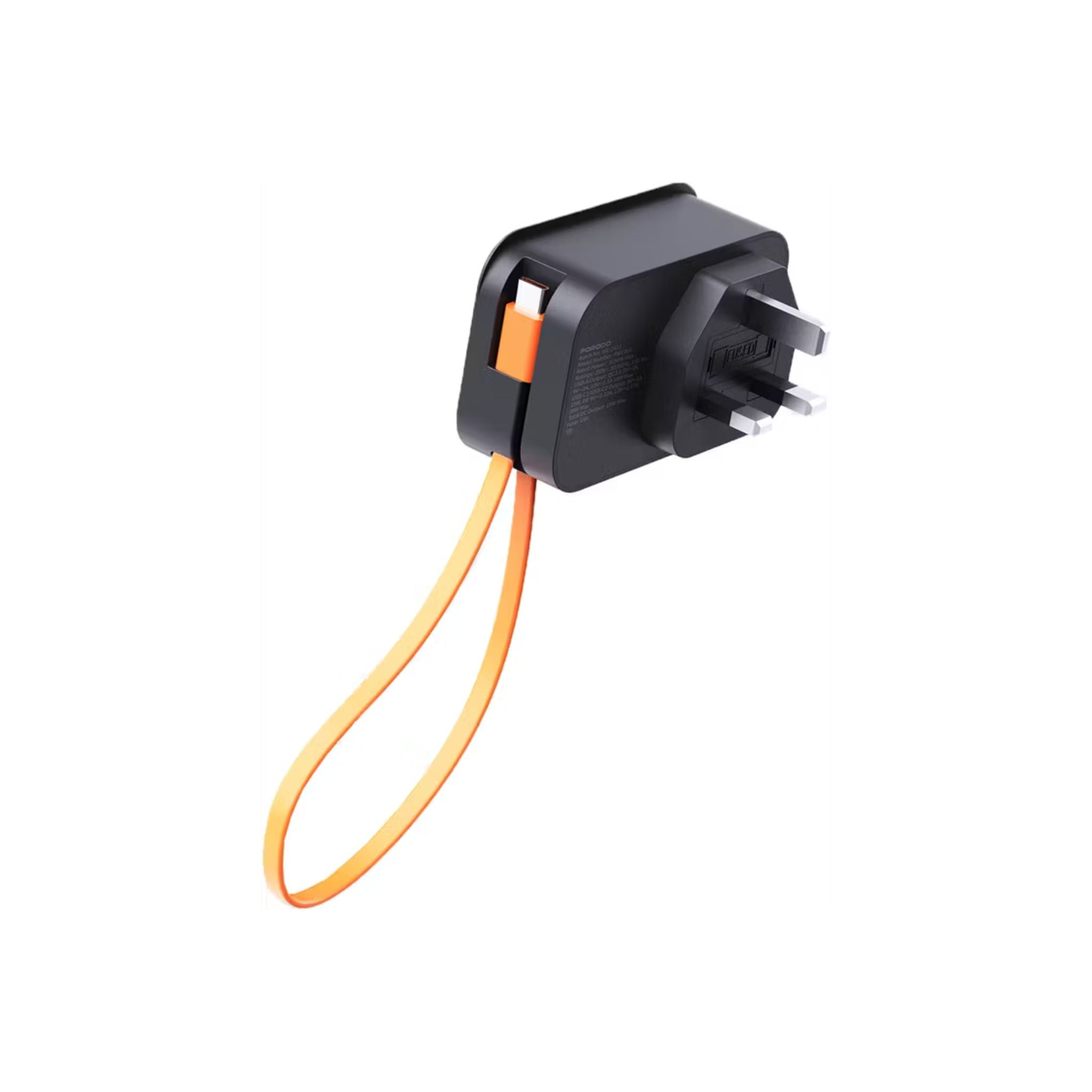 Black electrical plug with orange cord on a white background