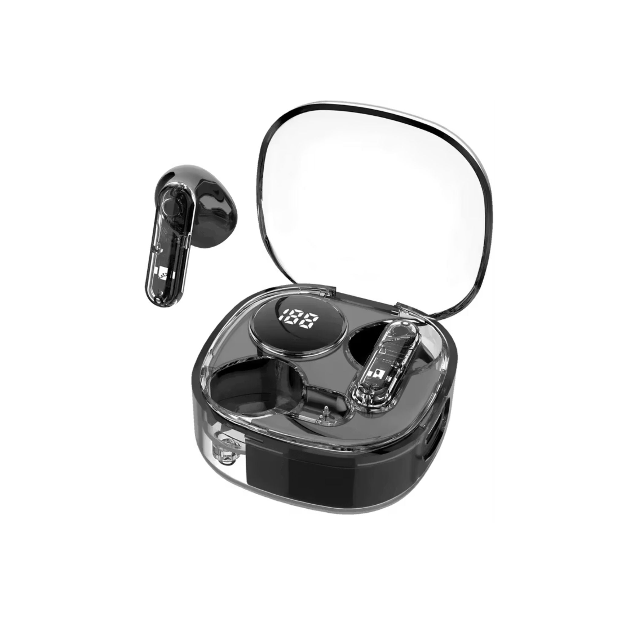 Black wireless earbuds with charging case on a white background