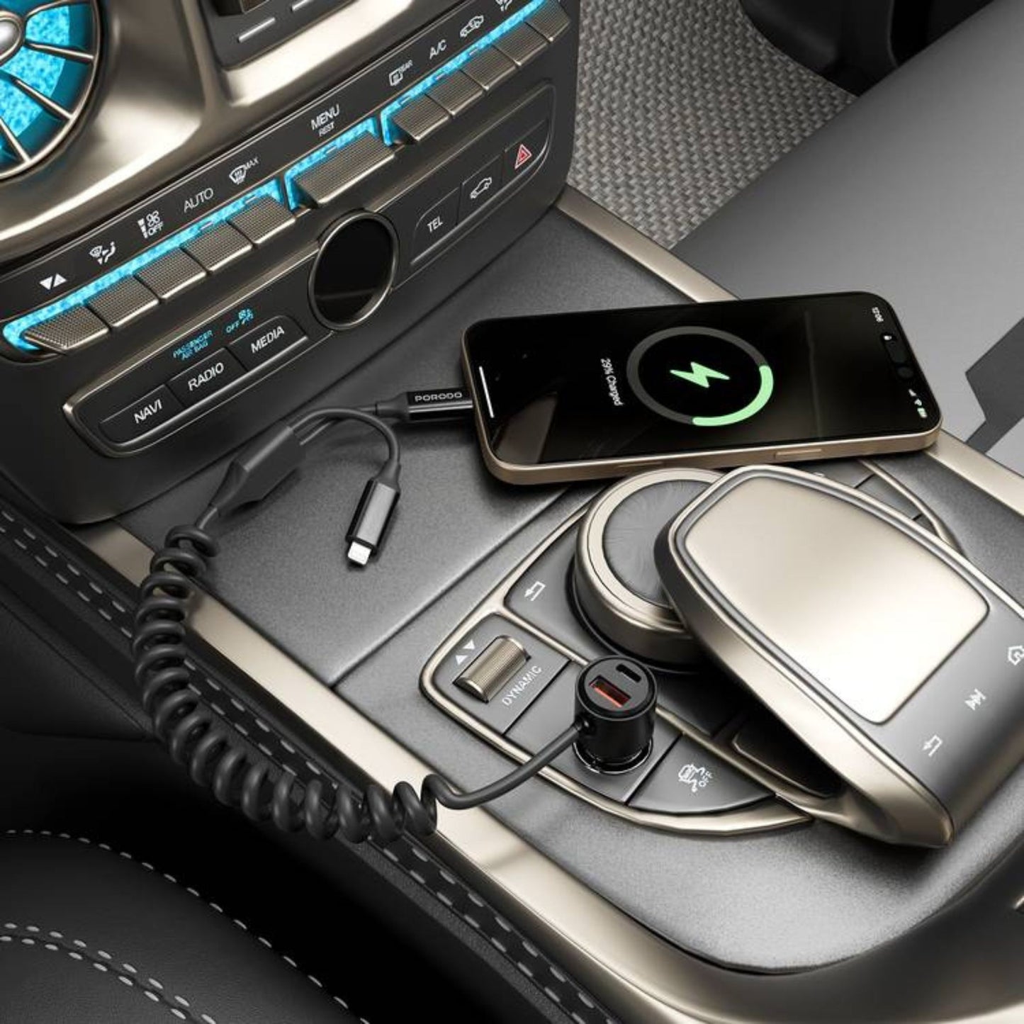 Porodo 95W Transparent USB-A+C Port Car Charger with Integrated USB-C Cable and Lightning Coiled Cable - Black