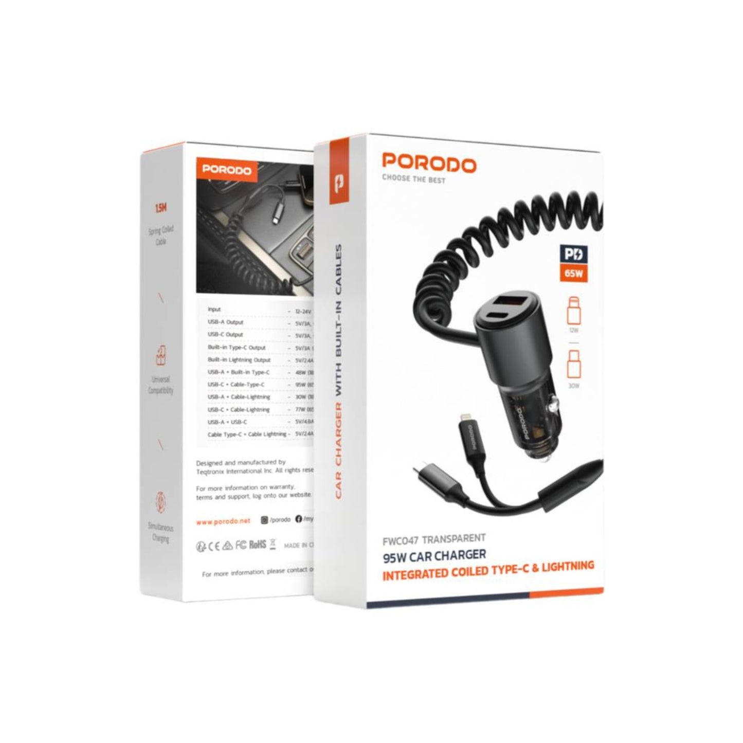 Porodo 95W Transparent USB-A+C Port Car Charger with Integrated USB-C Cable and Lightning Coiled Cable - Black