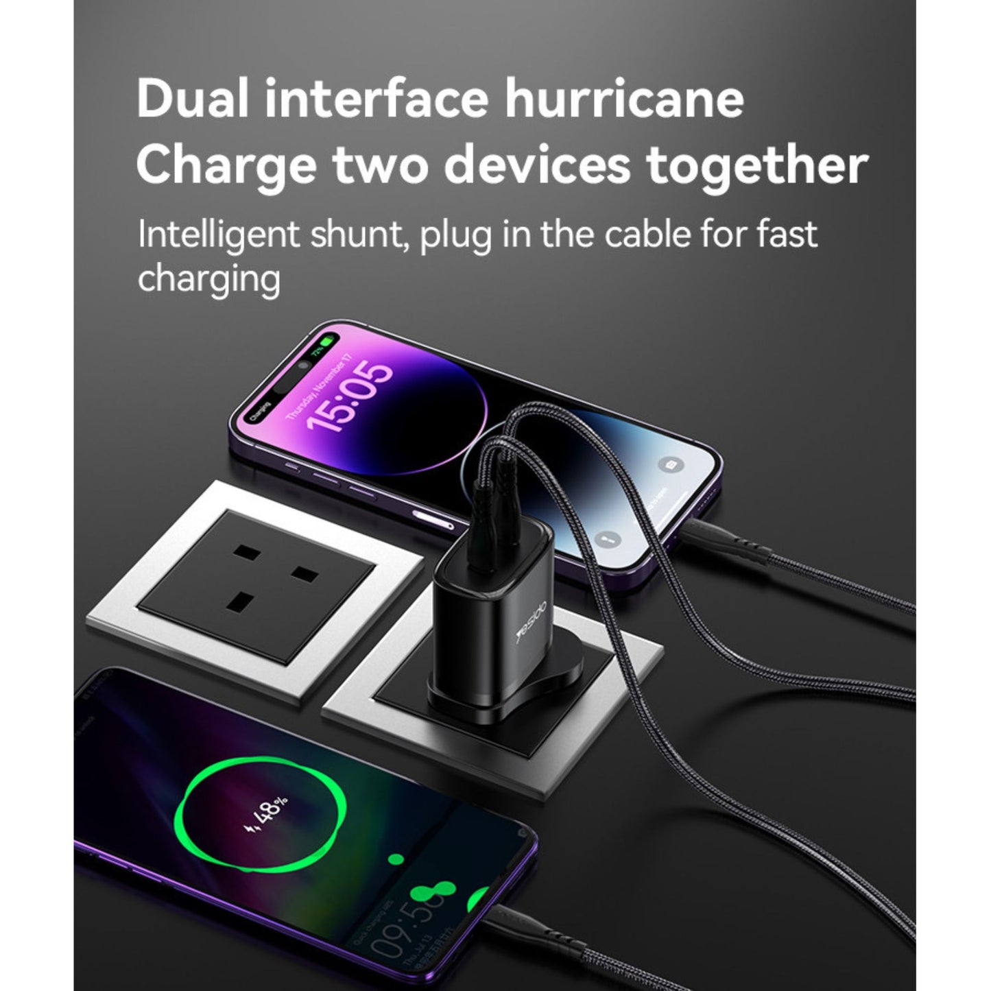 YC55 Yesido Dual Interface PD 20W Fast Charging Safe And Fast UK Triangle Charger Adapter With C To C Cable