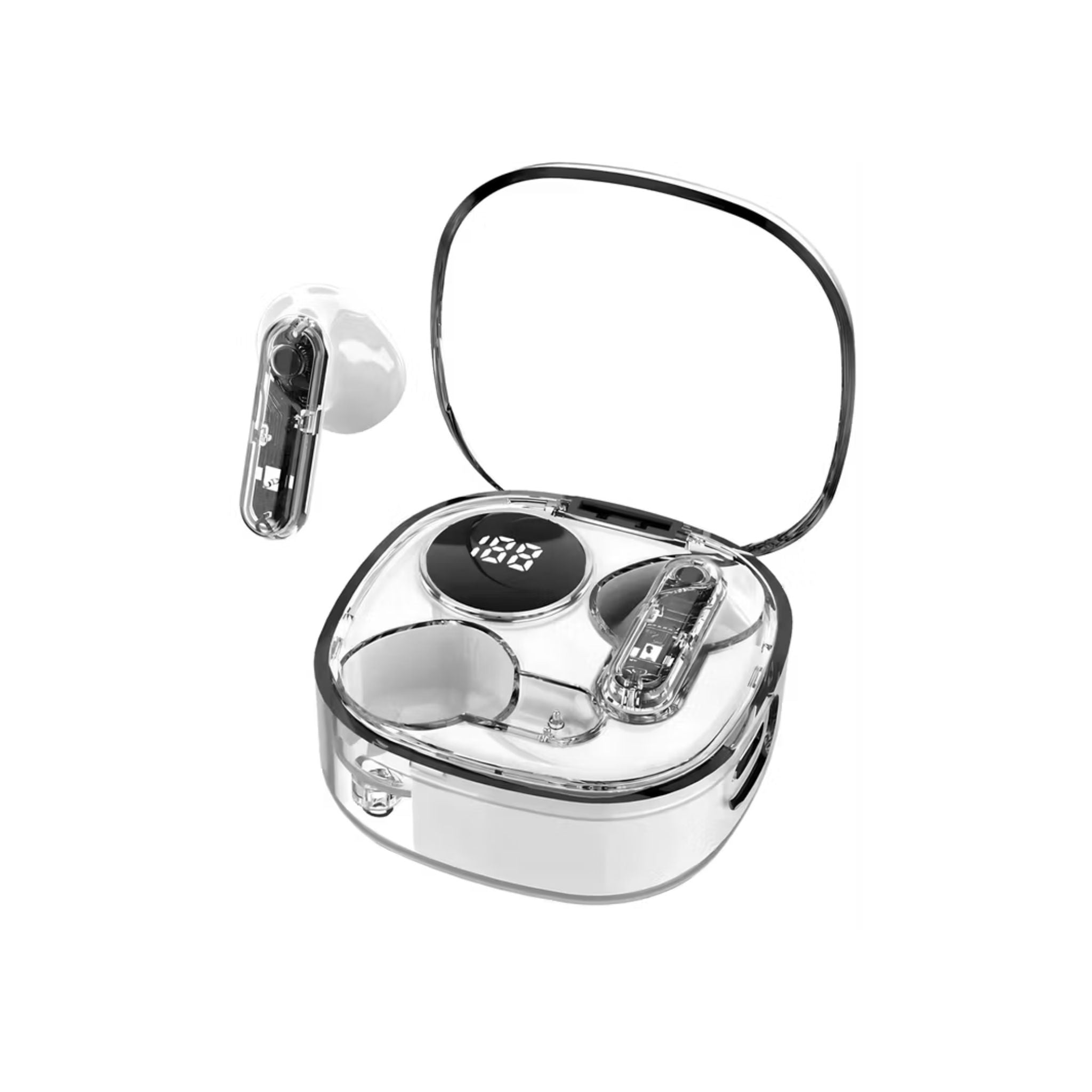 Wireless earbuds with charging case on a white background