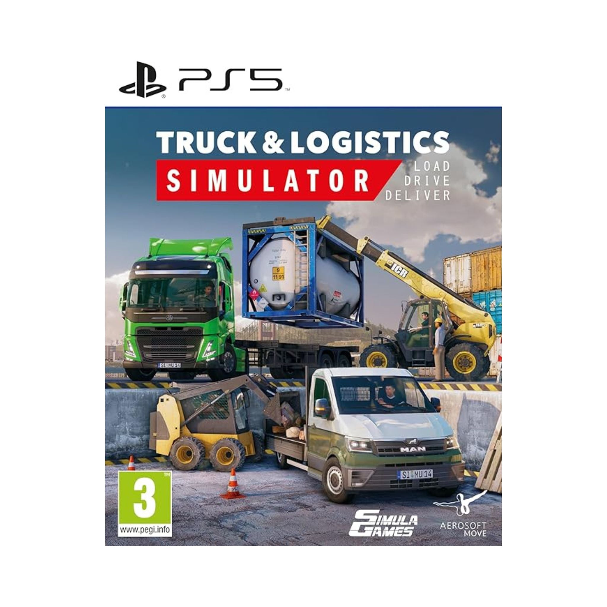 Game cover for 'Truck & Logistics Simulator' on PS5 with trucks and construction equipment.