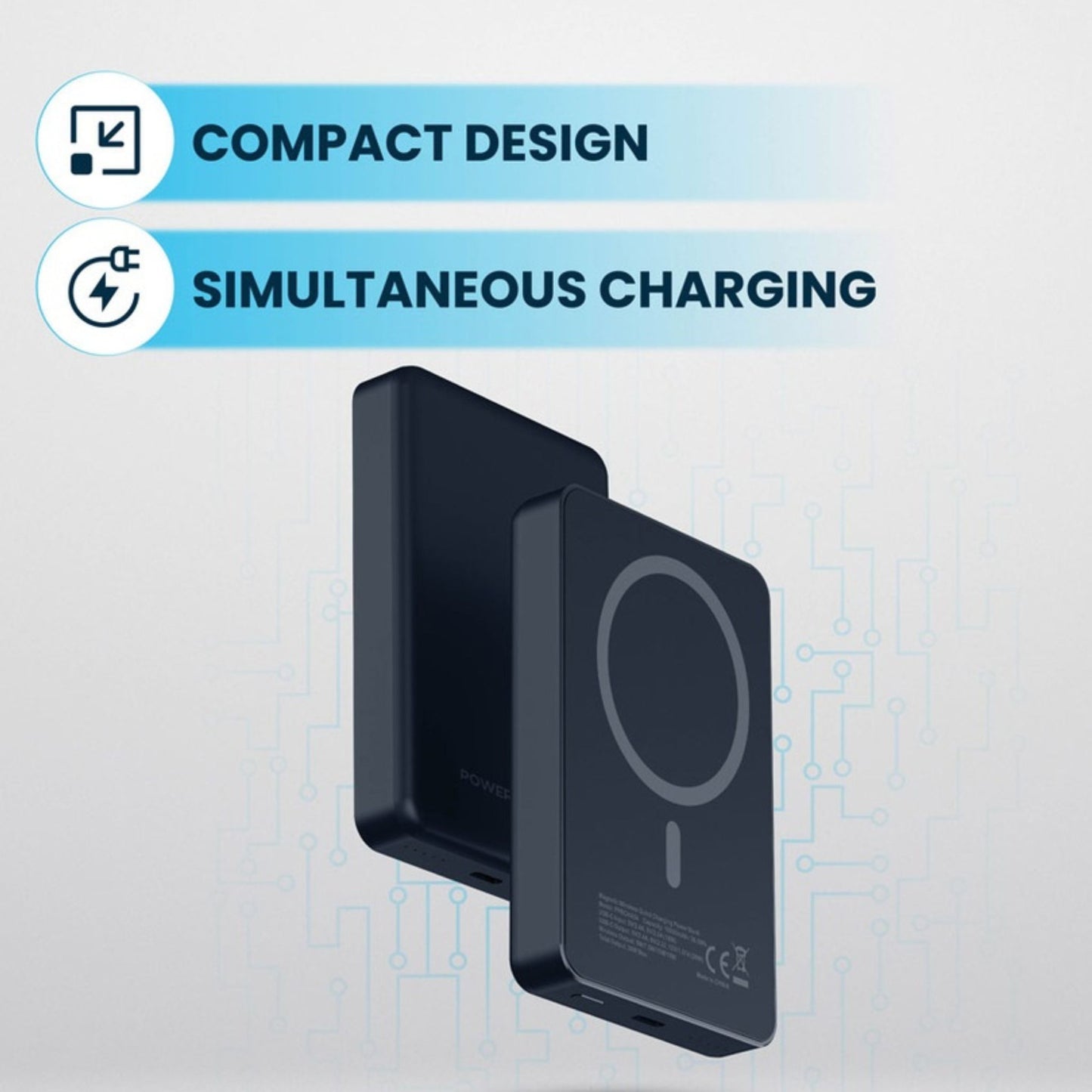 POWEROLOGY 10000mAh MagSafe Aluminum Power Bank with Battery Level Indicator, Lightweight & Compact Design, Fast & Simultaneous Charging, Type-C Input & Output, 15W Wireless Output - Dark Gray