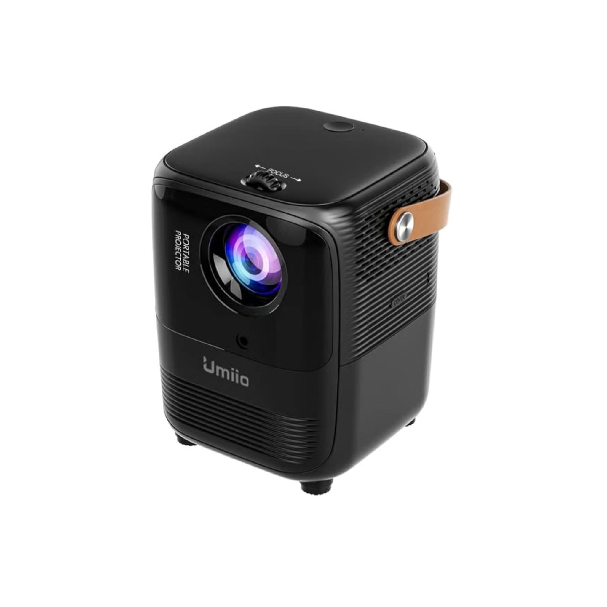 Black portable projector with 'umio' branding on a white background
