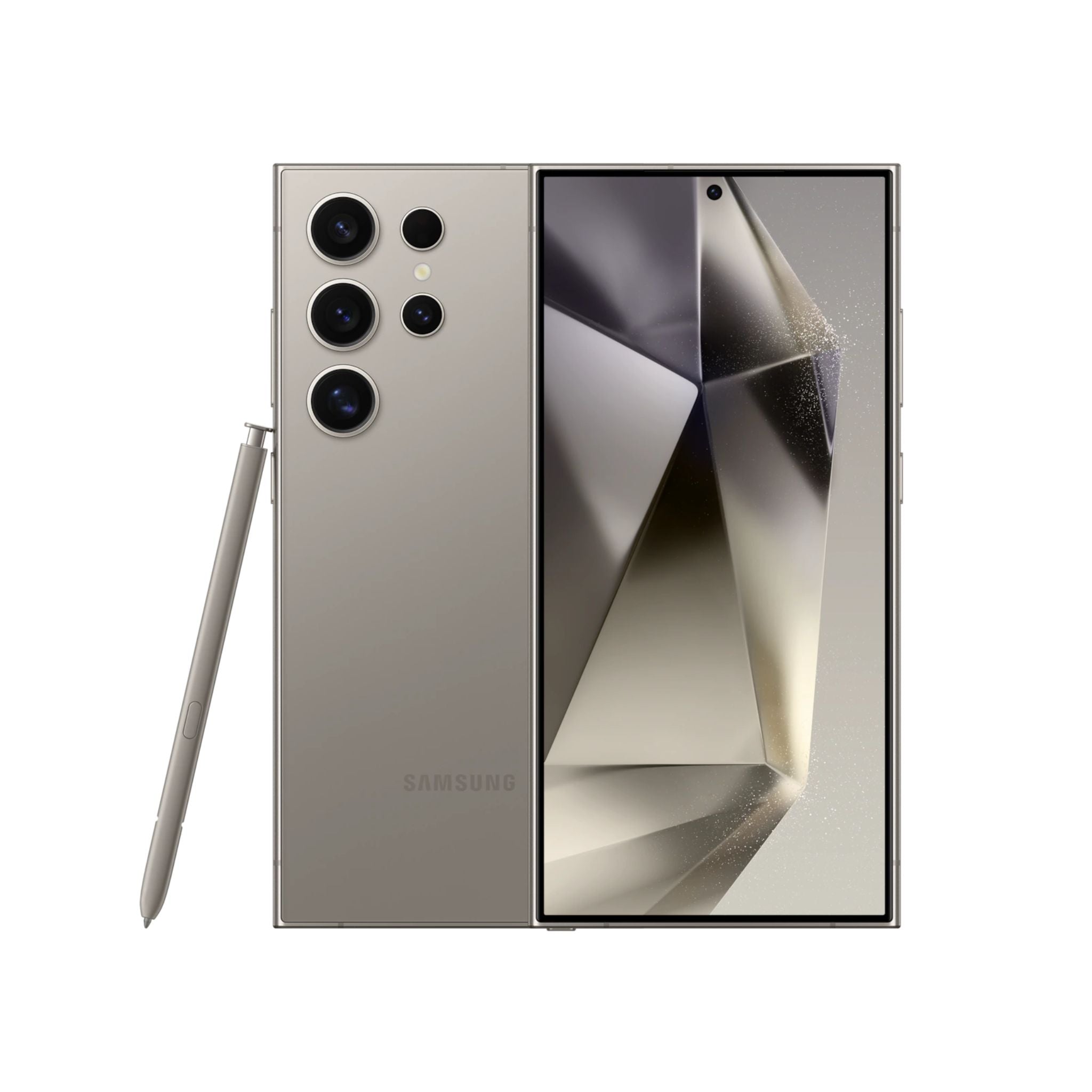 Samsung Galaxy S24 Ultra smartphone in Titanium Gray color, showing the front screen and rear camera setup.