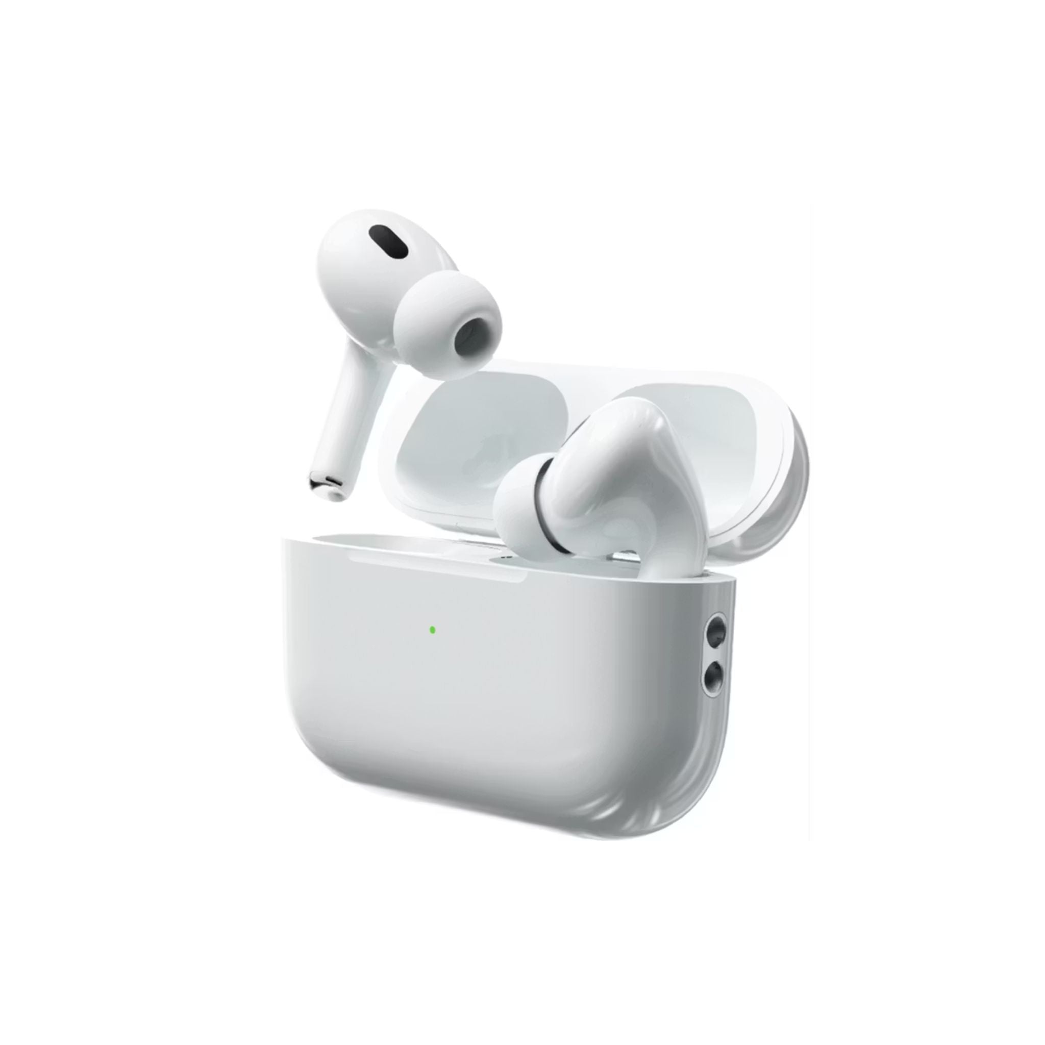 White wireless earbuds with charging case on a white background