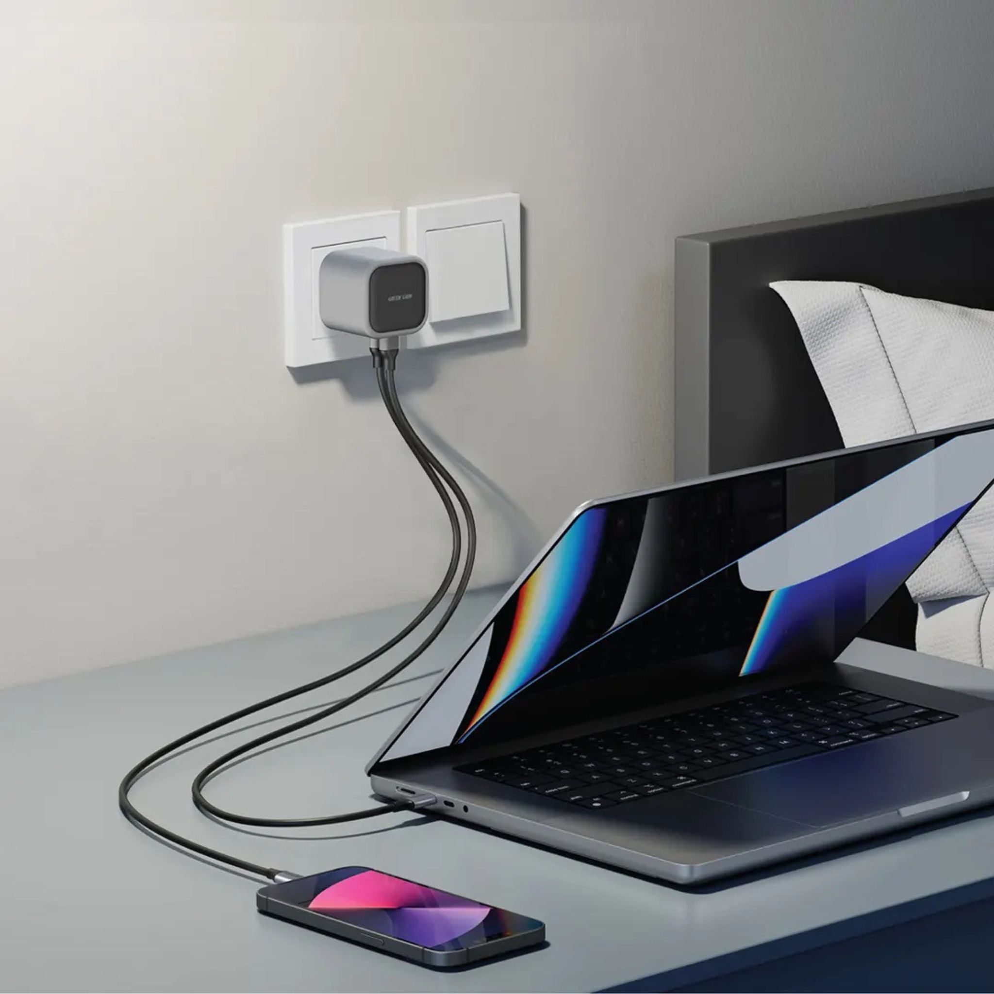 Green Lion GaN Adapter 45W Power Delivery with Dual USB-C Ports, Fast Charge, Multiple Protection, Breathing Light, Multi-Device Compatible, PC Flame Retardant Material - Gray