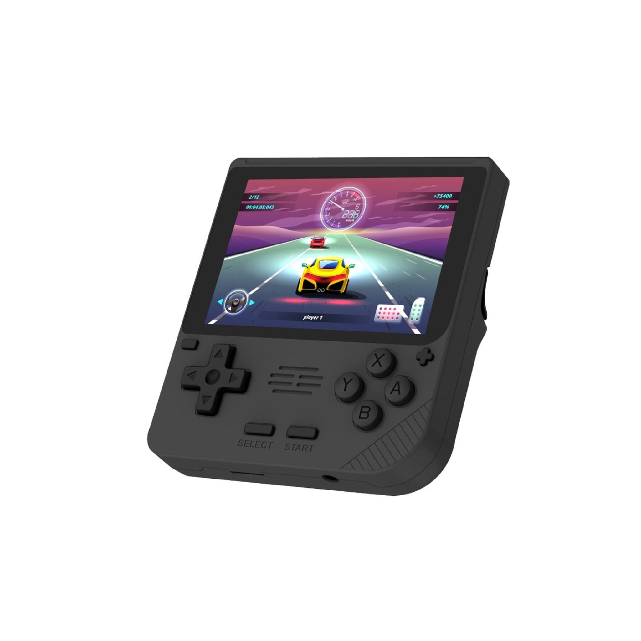 A black Porodo handheld retro gaming console with a 3.5 inch screen displaying a game, featuring a directional pad and action buttons.