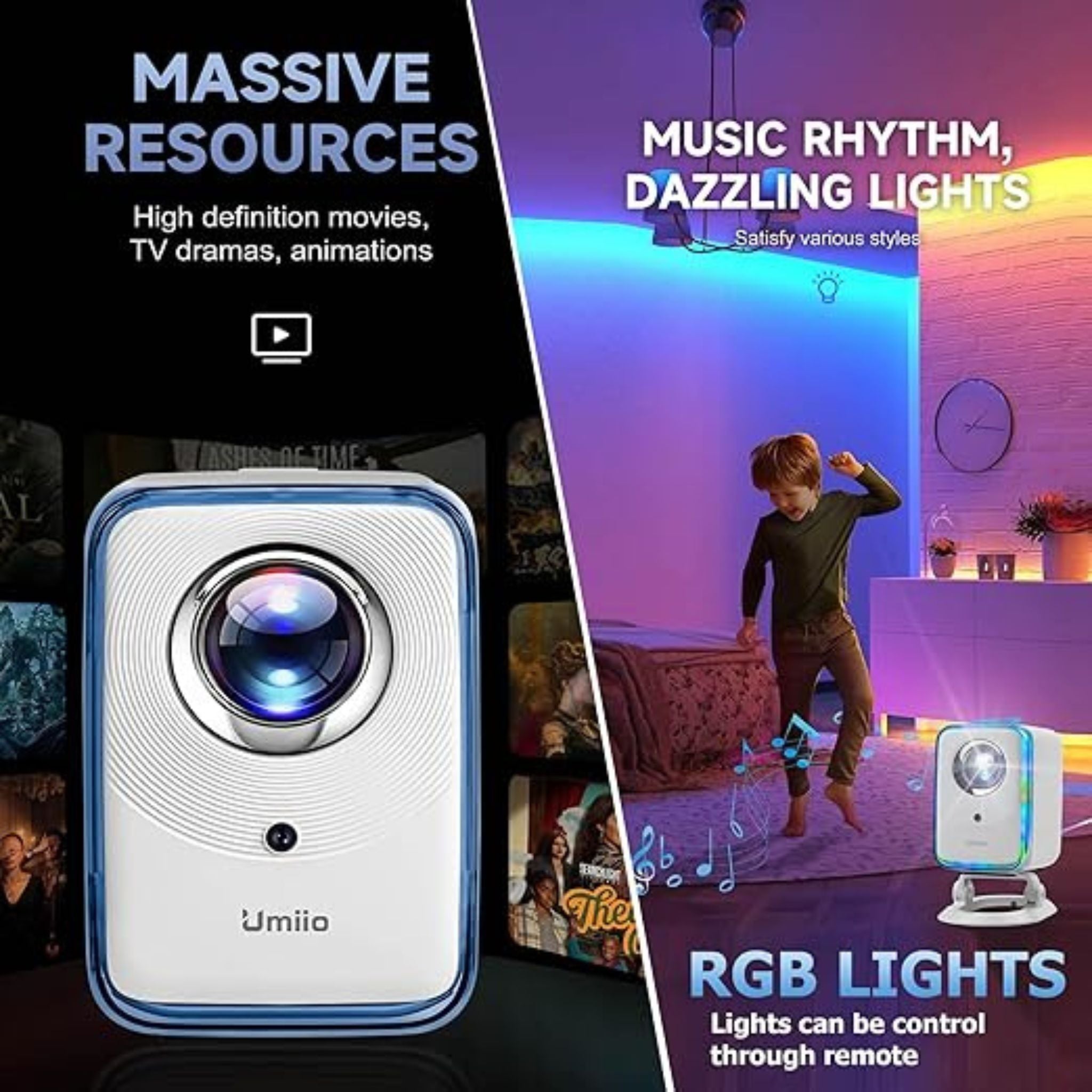 Umiio U20 Portable Projector with 200 ANSI Lumens, 2.4/5G WiFi, Bluetooth, HDMI, USB, Audio. Features built-in speaker, Android 9, 4K support, auto keystone, and stand. Ideal for movies, music, TV, gaming, office, and meetings_White