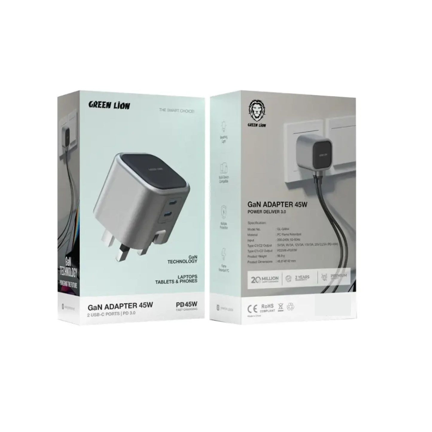 Green Lion GaN Adapter 45W Power Delivery with Dual USB-C Ports, Fast Charge, Multiple Protection, Breathing Light, Multi-Device Compatible, PC Flame Retardant Material - Gray