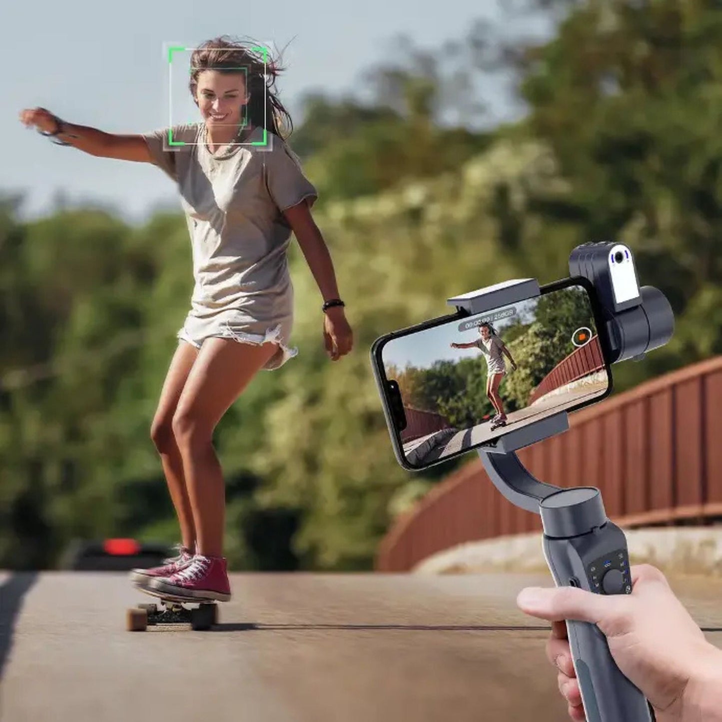 The Porodo 3-Axis AI Tracker & Light Gimbal Stabilizer with Built-In Tripod, Object Tracking, Power Bank Function, 210 Minuets Charging Time - Black