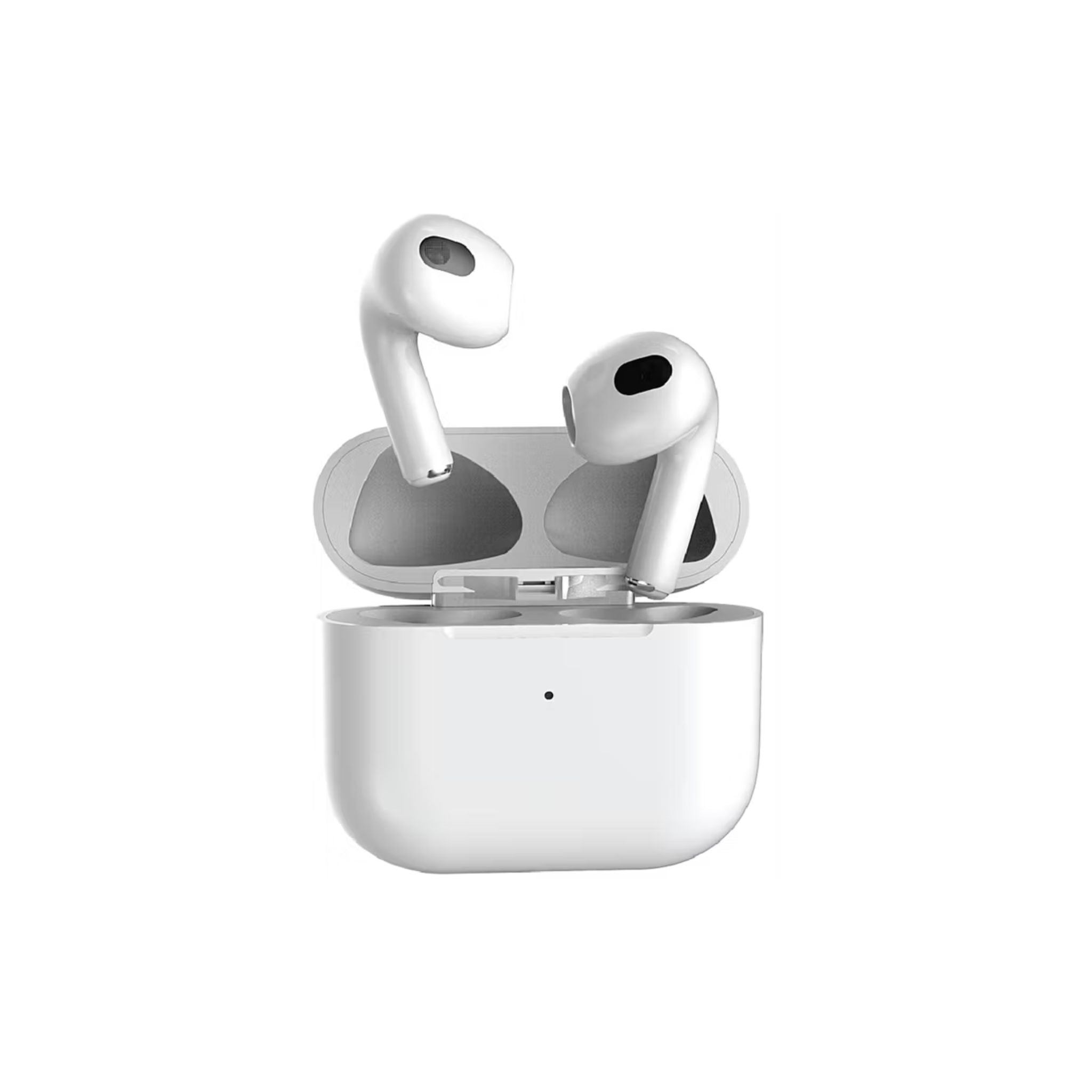 White wireless earbuds with charging case on a white background